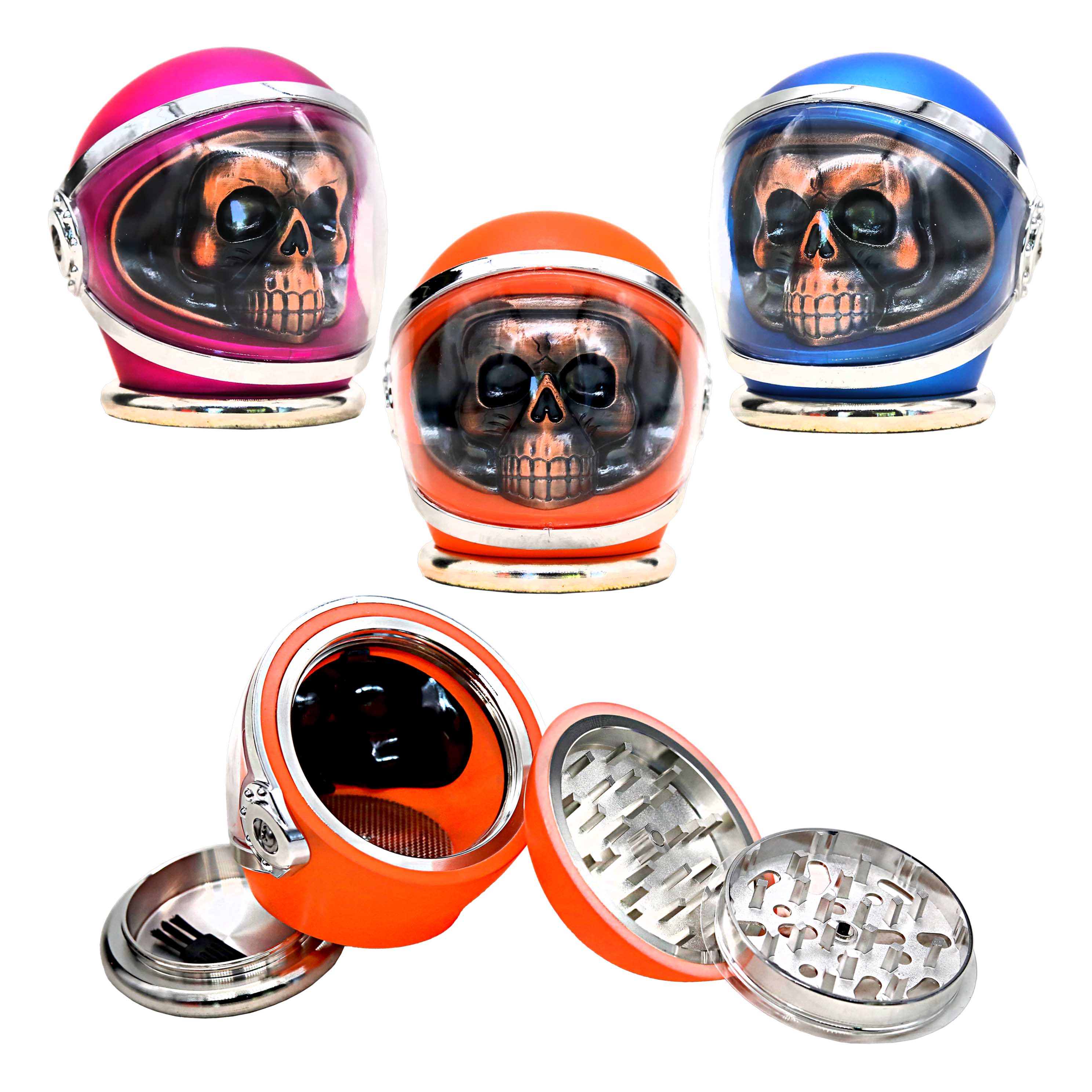 Matt Finish Metallic Skull Head With Helmet 3 Part Grinder | 63mm | Assorted Colors product image