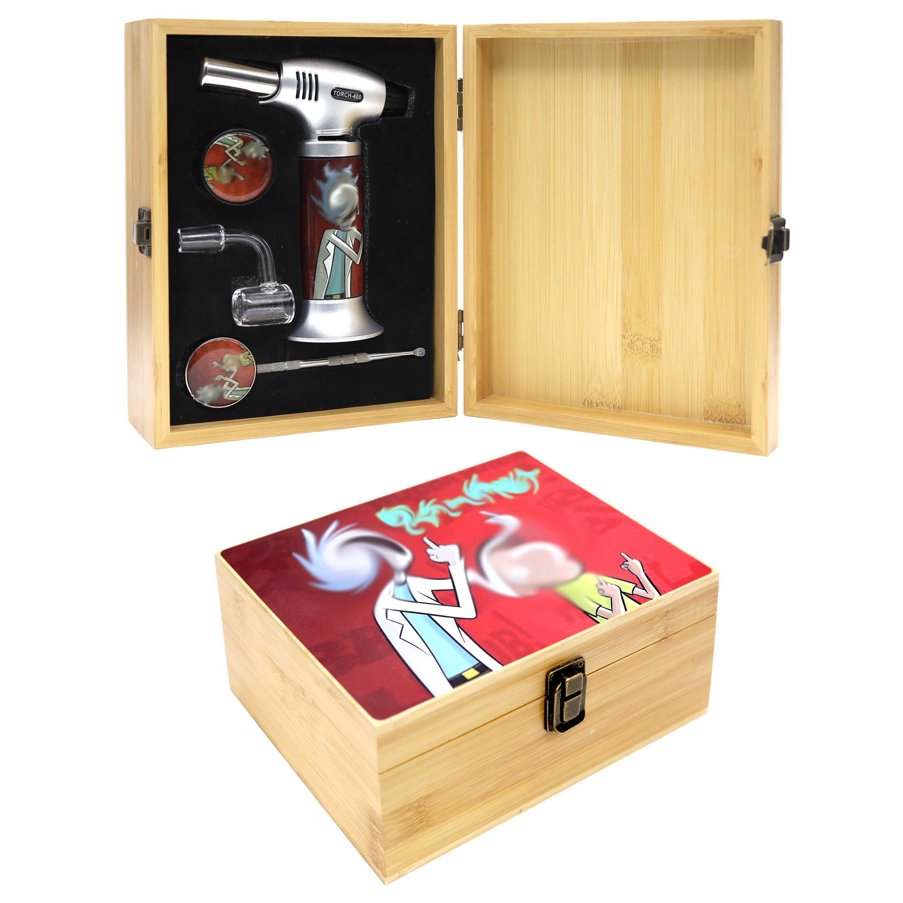 Bamboo Box With Torch Lighter And Dab Tool Set (TC001) | Large | Assorted Designs product image