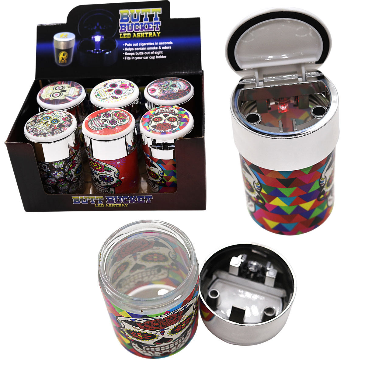 Butt Bucket Printed Skull Head Designs LED Ashtray (ASH110) | 6 Count Display | Assorted Designs product image