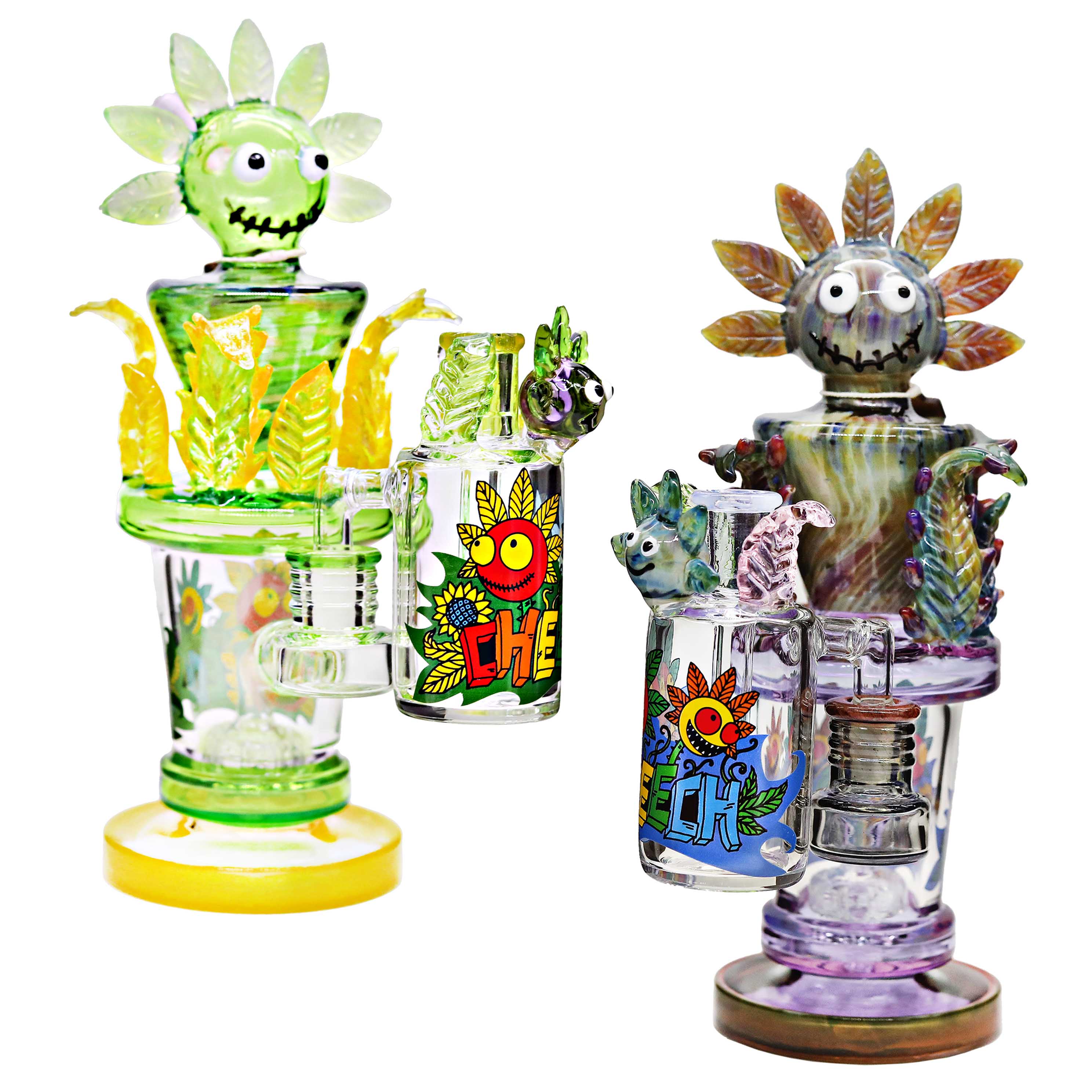 Cheech Stiched Face With Leaves All Over Wavy Design Waterpipe (CHE-325/326) | 12 inch | Assorted Colors product image