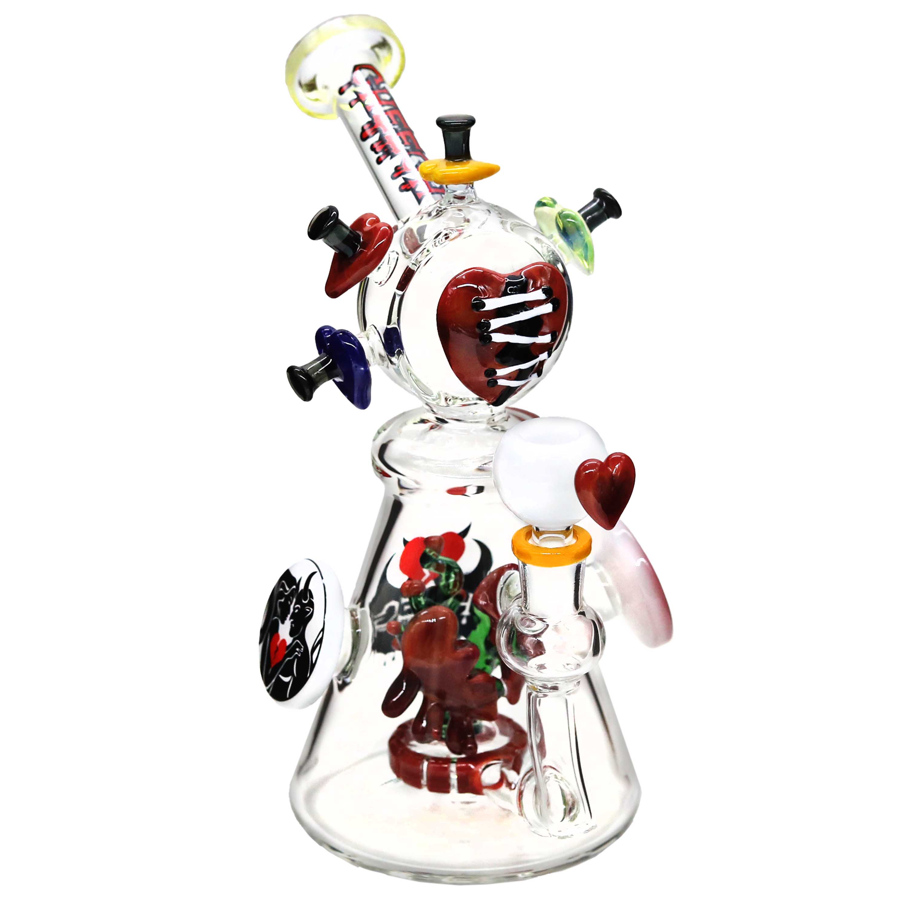 Cheech Stiched Hearts All Over With Broken Heart Perc Beaker Waterpipe (CHE-350) | 12 inch | Assorted Colors product image