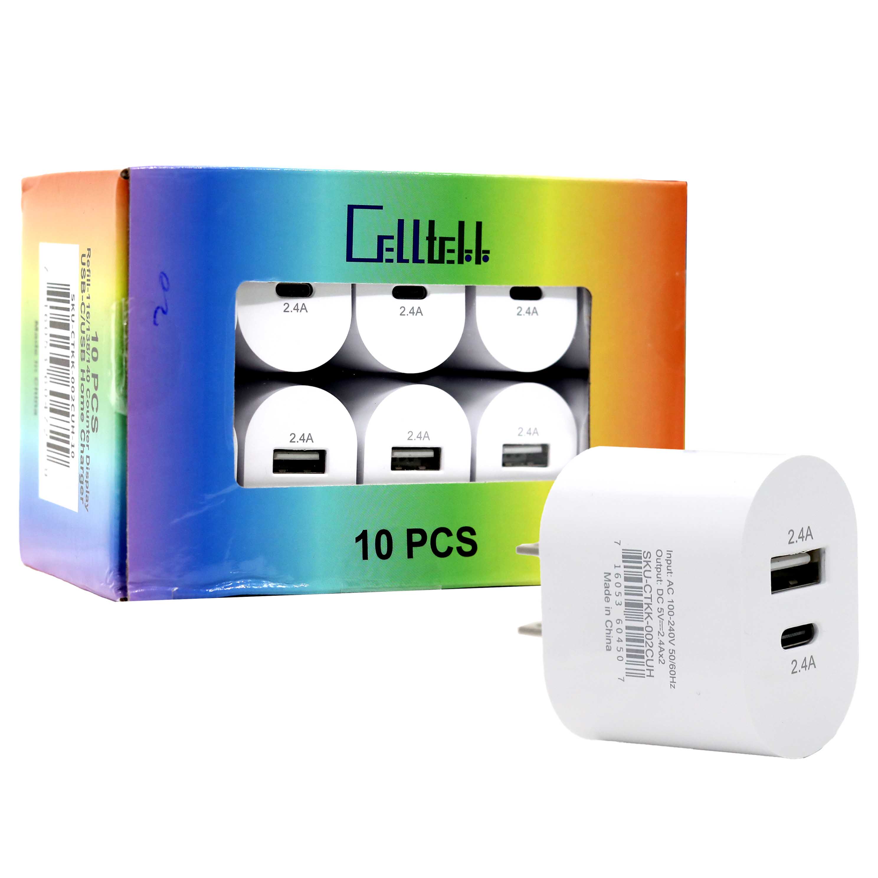 Celltekk Square Refill Dual USB-C+USB Home Charger | 10 Count Display product image