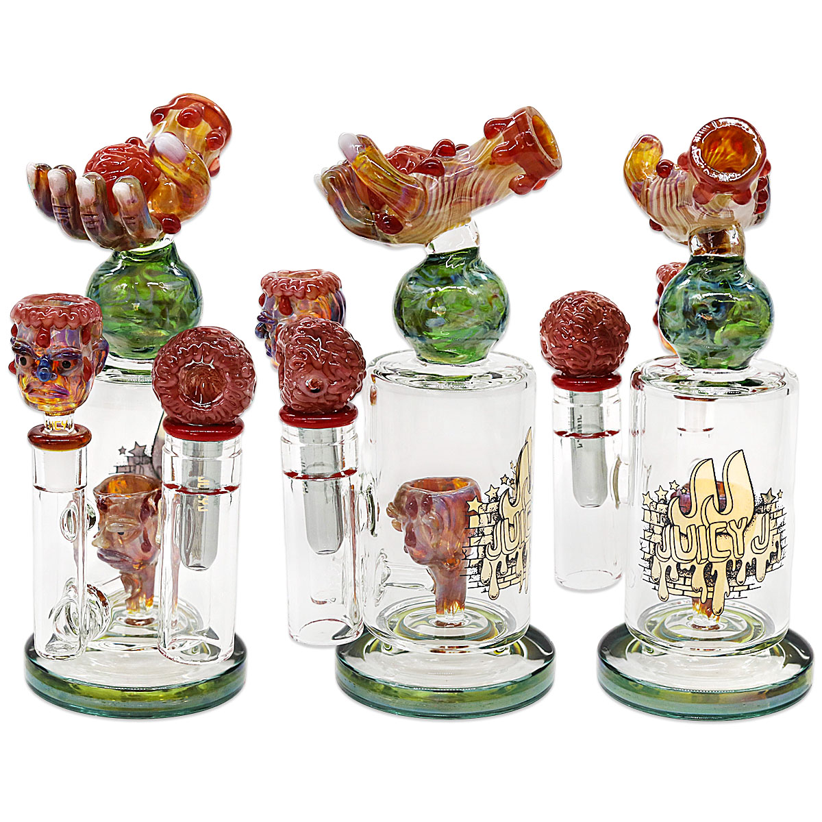 Cheech Hand Holding Bleeding Brain With Zombie Face Perc Staright Waterpipe (JJ-362) | 11 inches product image