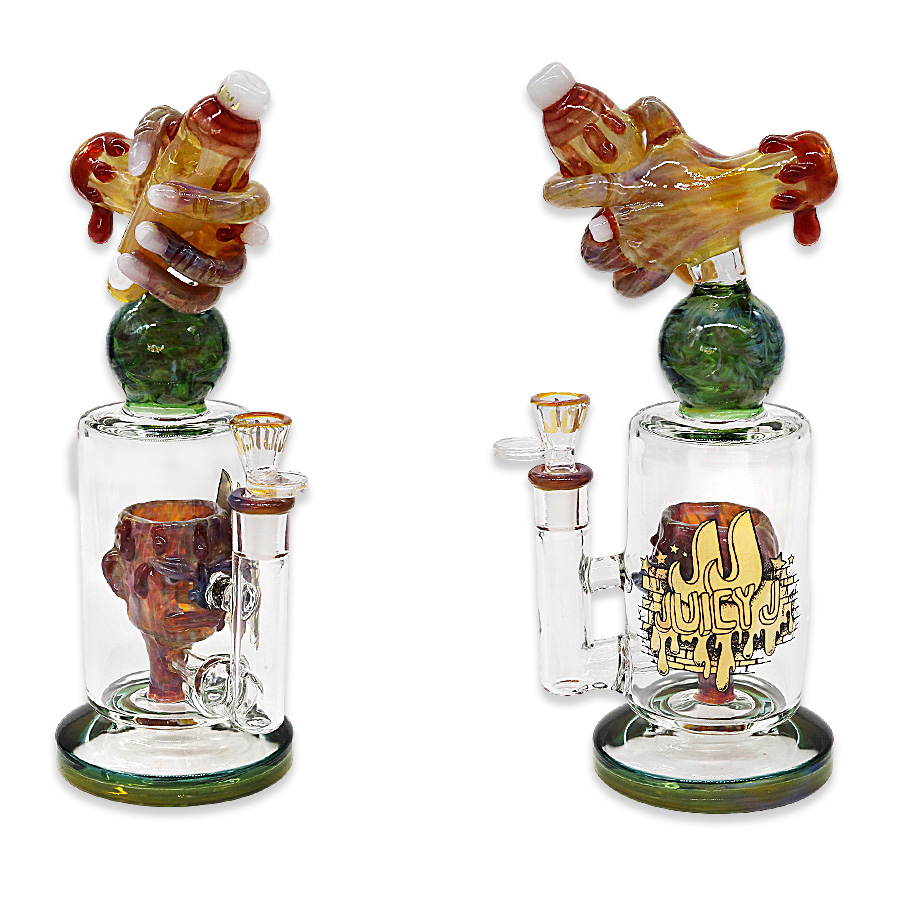 Cheech Hand Holding Cut Bleeding Finger With Zombie Face Perc Staright Waterpipe (JJ-361) | 11 inches product image