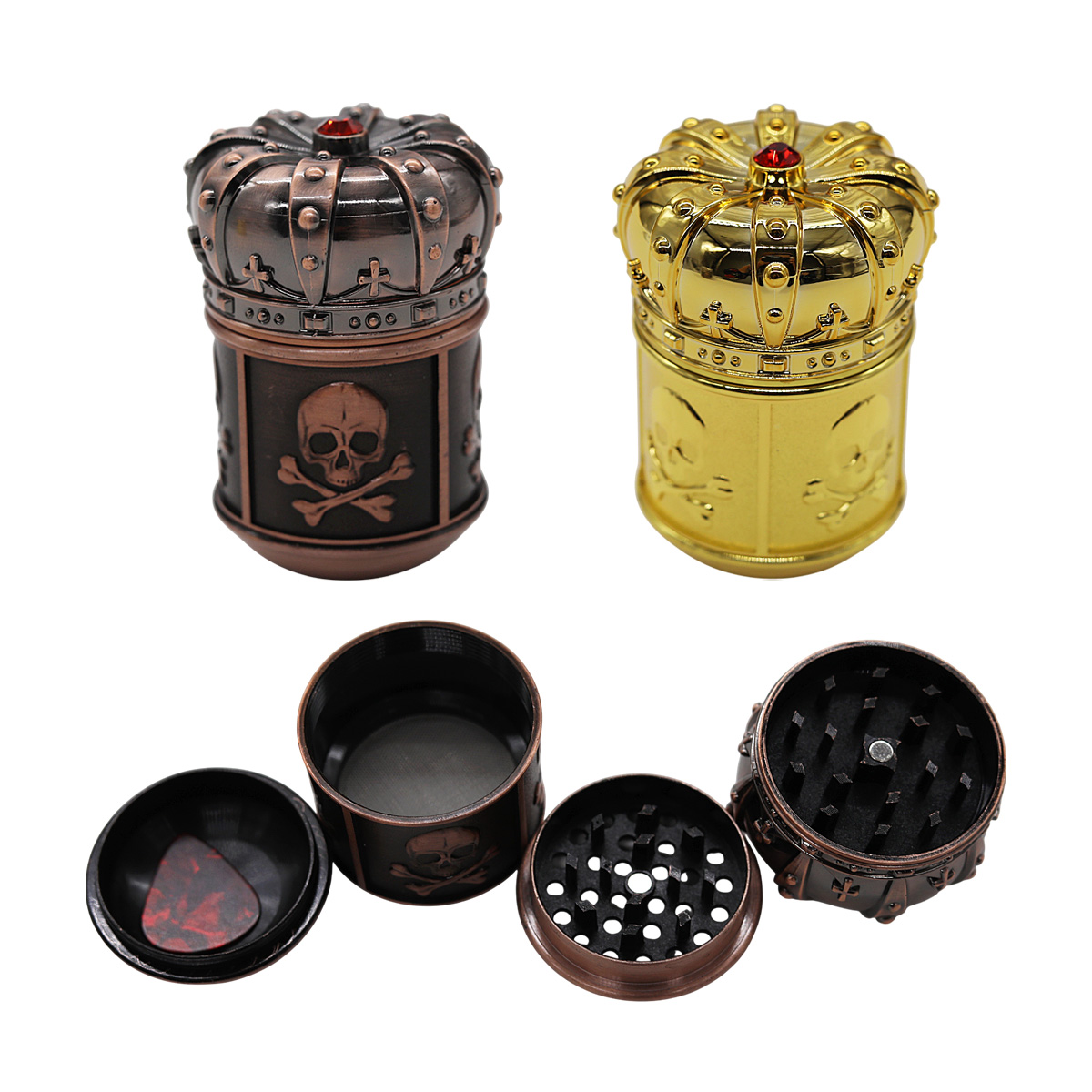 Crushers Crown Top With Skull Heads all Over 4 Part Grinder (GR565) | Assorted Colors product image