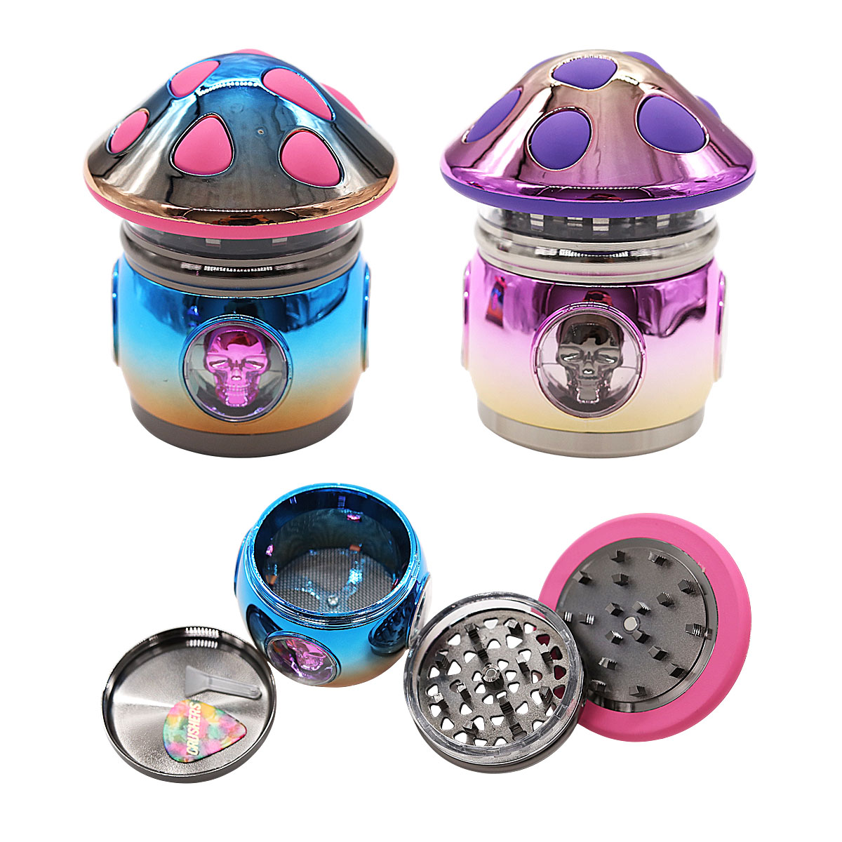 Crushers Rainbow Shaded Mushroom Shaped Metallic Skull See Through 4 Part Grinder (GR558) | Assorted Colors product image