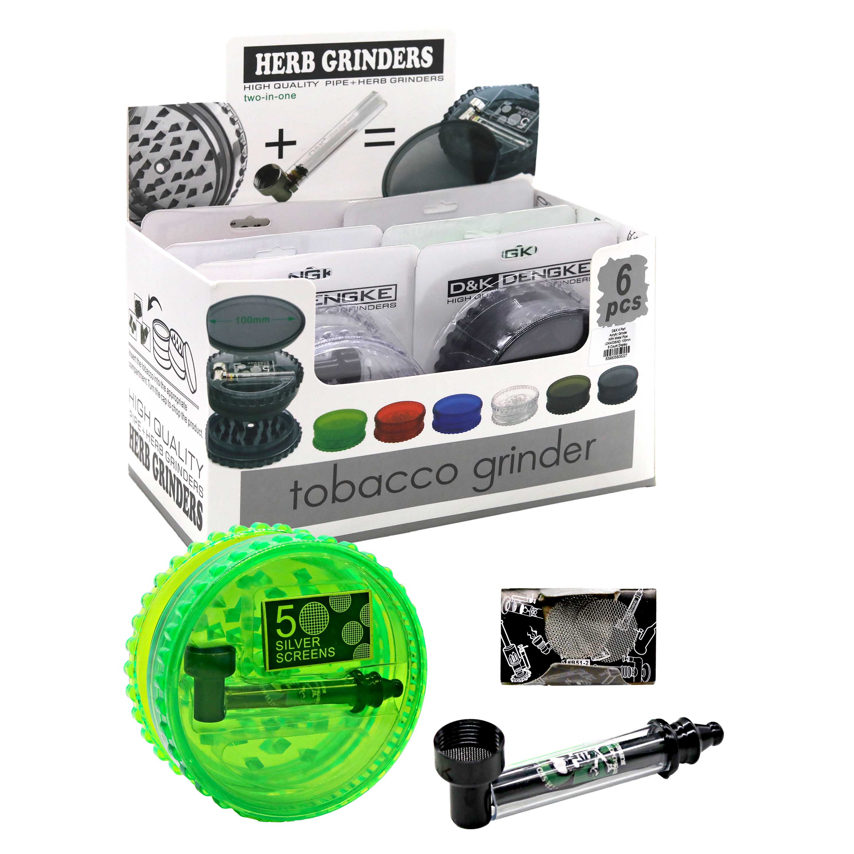 D&K 4 Part Acrylic Grinder With Metal Pipe (DK4036AE) | 100mm | 6 Count Display product image