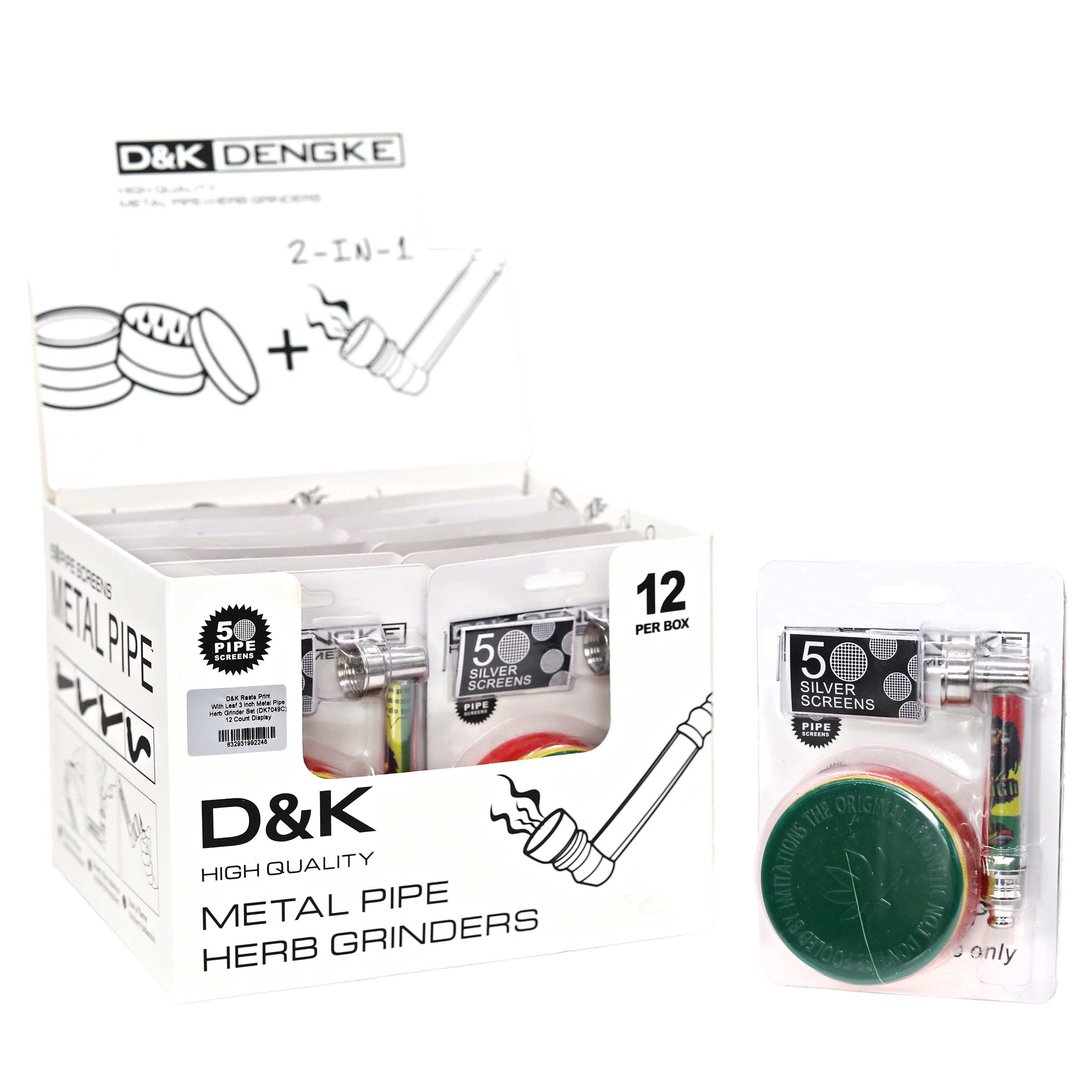D&K Rasta Print With Leaf 3 inch Metal Pipe Herb Grinder Set (DK7049C) | 12 Count Display product image