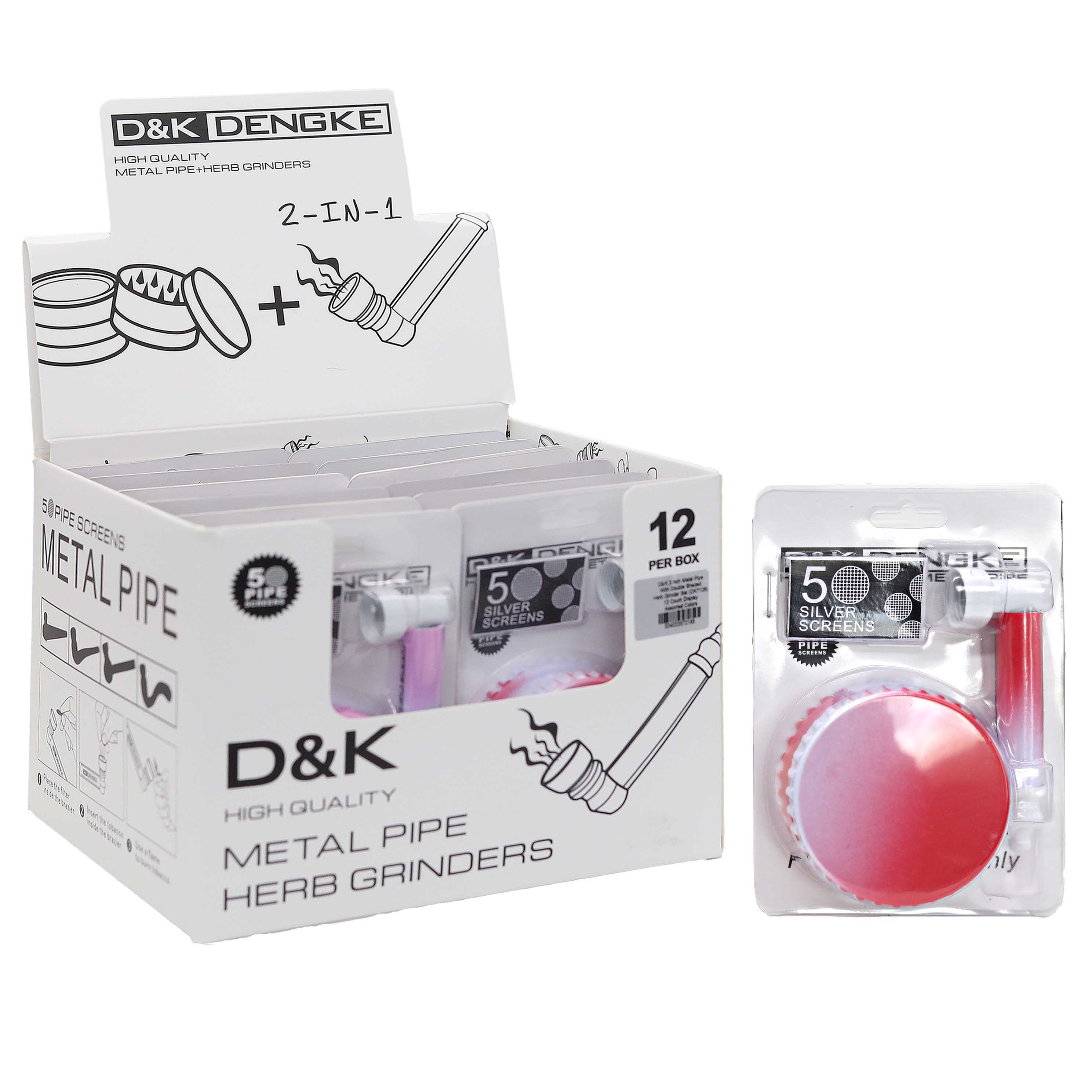 D&K 3 inch Metal Pipe With Double Shaded Herb Grinder Set (DK7126) | 12 Count Display | Assorted Colors product image