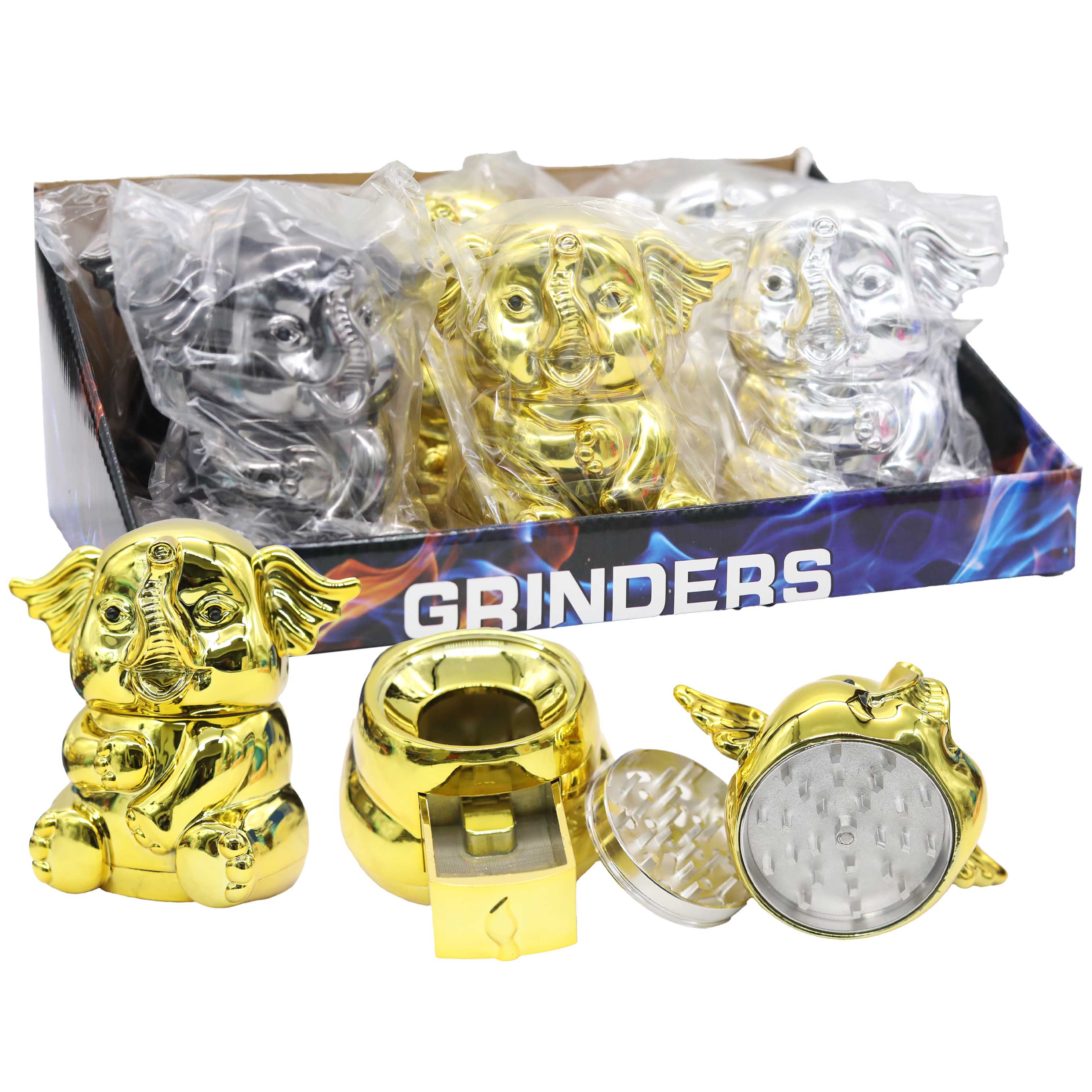 Crushers Elephant Design Metallic Look 2 Part Plastic Grinder (GR1502) | Assorted Colors product image