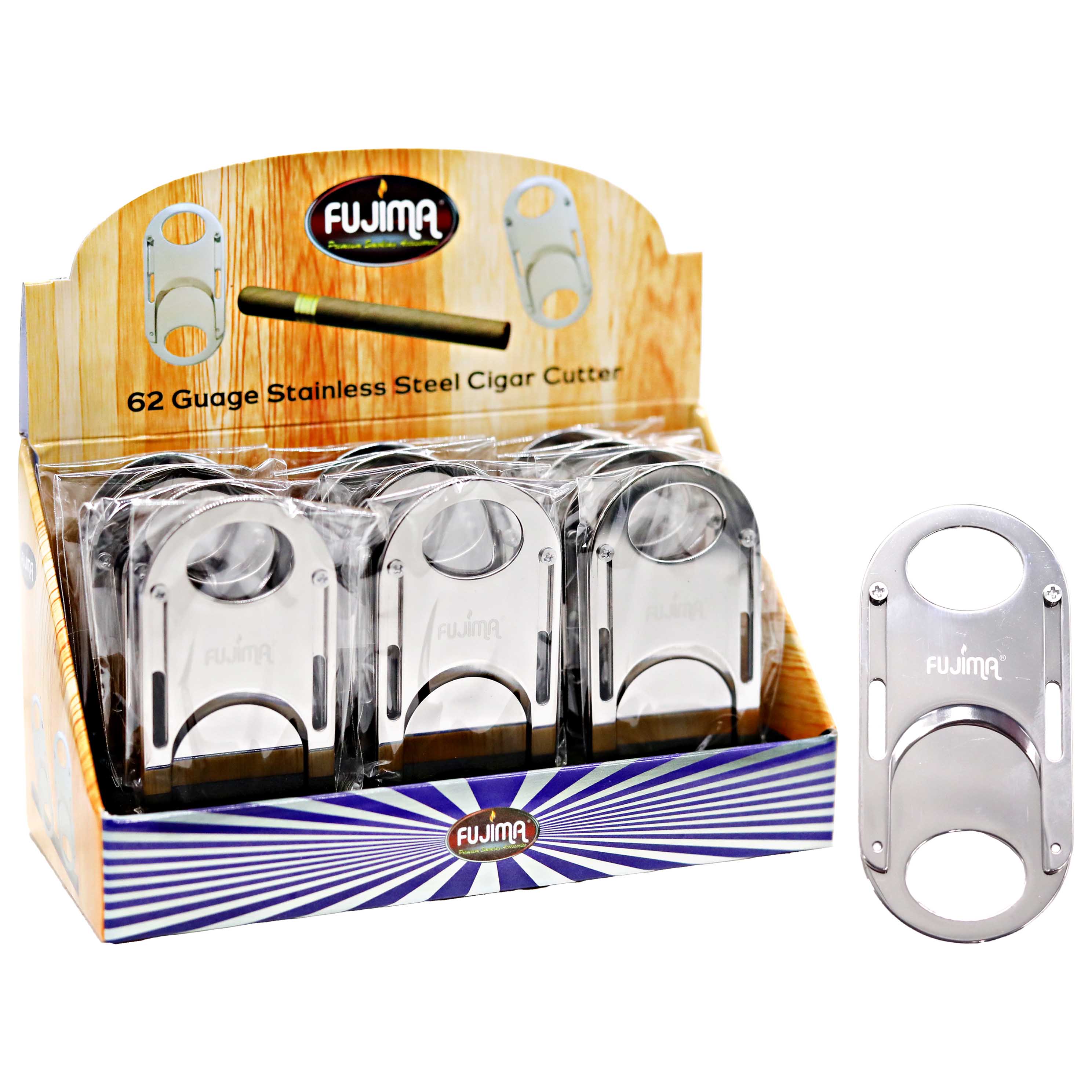Fujima Brushed Steel Cigar Cutter (CUT74) | 62 Gauge | 12 Count Display product image