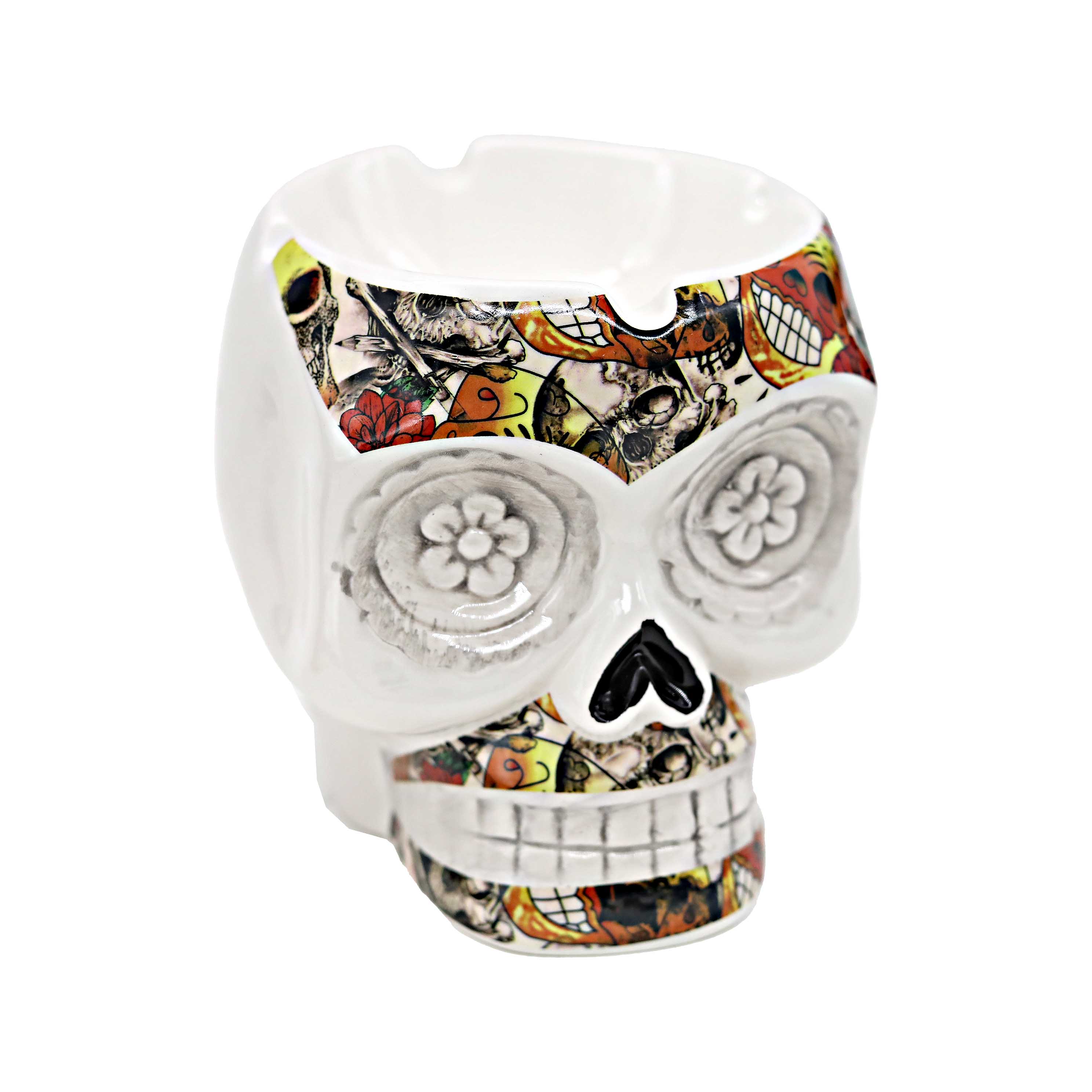 Fujima Floral Eyes Skull Shaped Ceramic Ashtray (A208A) | 5 inch product image