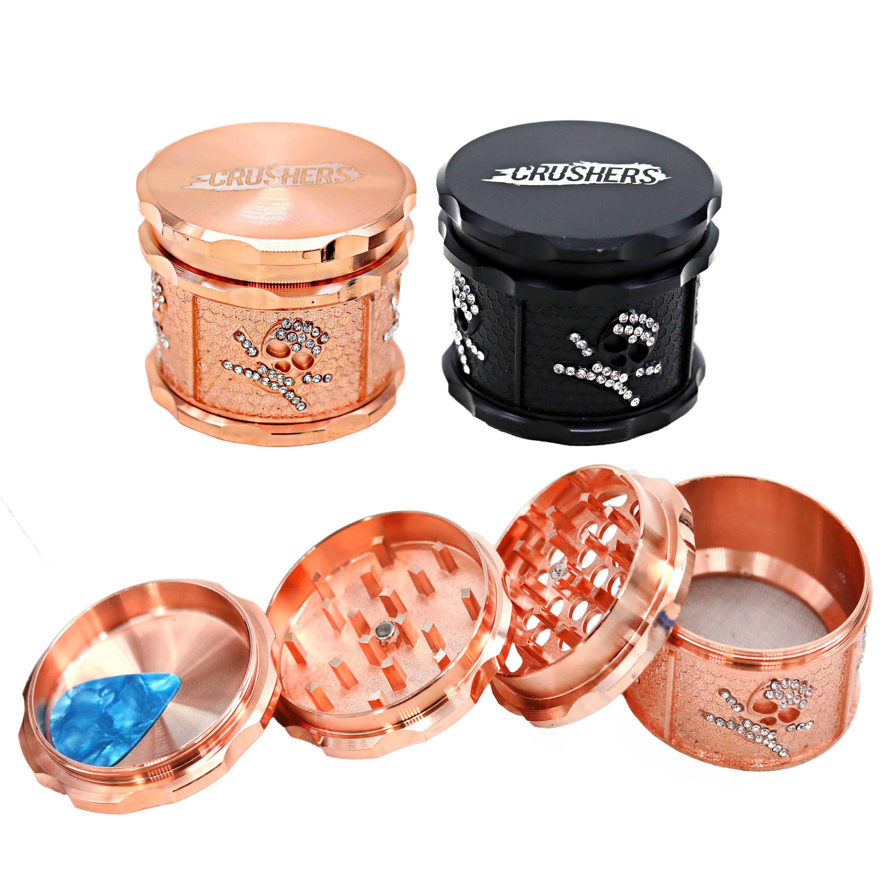 Crushers Honeycomb Base Jewelled Skull Design Metallic 4 Part Grinder (GR410) | 55mm | Assorted Colors product image