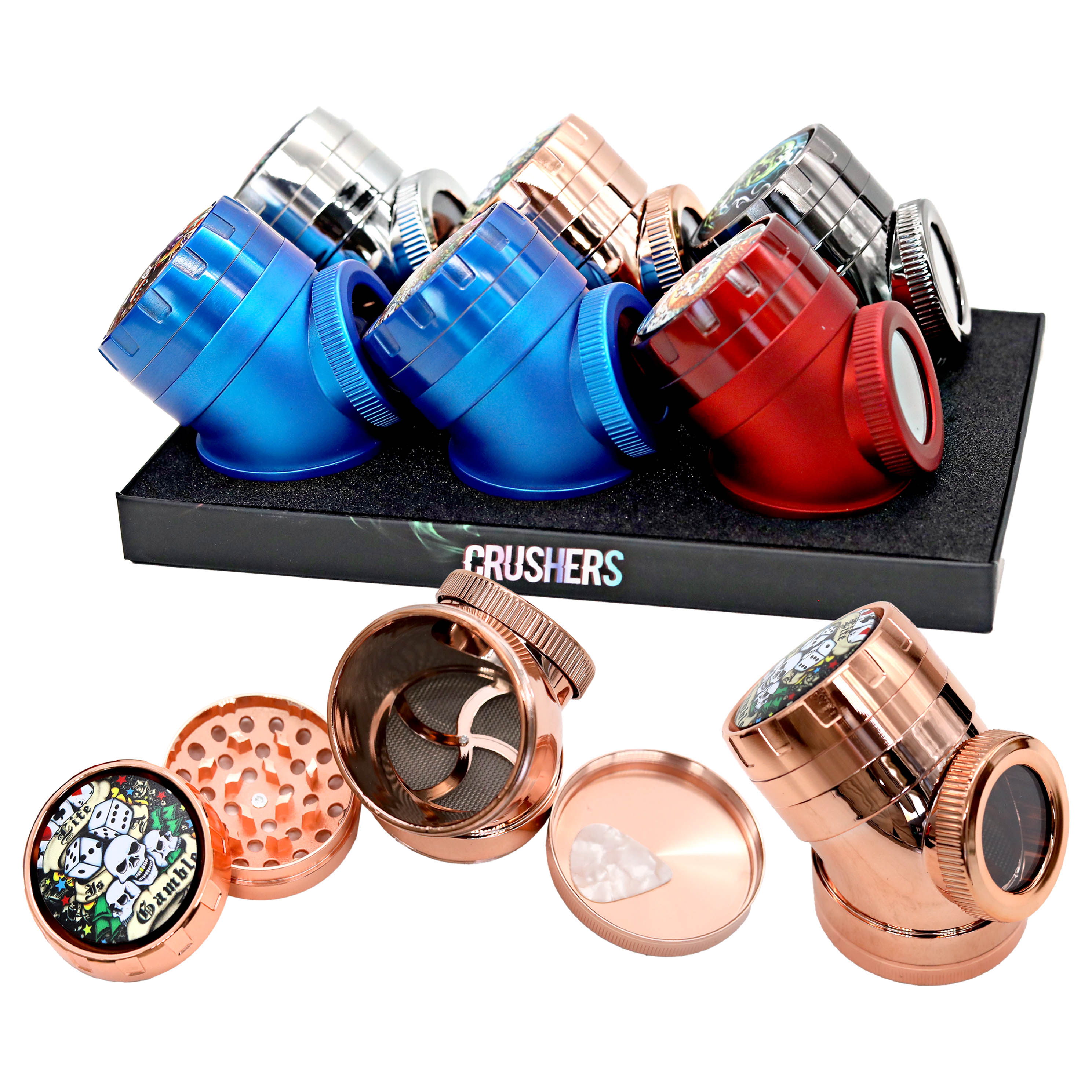 Crushers Bent Neck See Through Spinning Skulls 4 Part Grinder (GR419) | 63mm | Assorted Colors product image