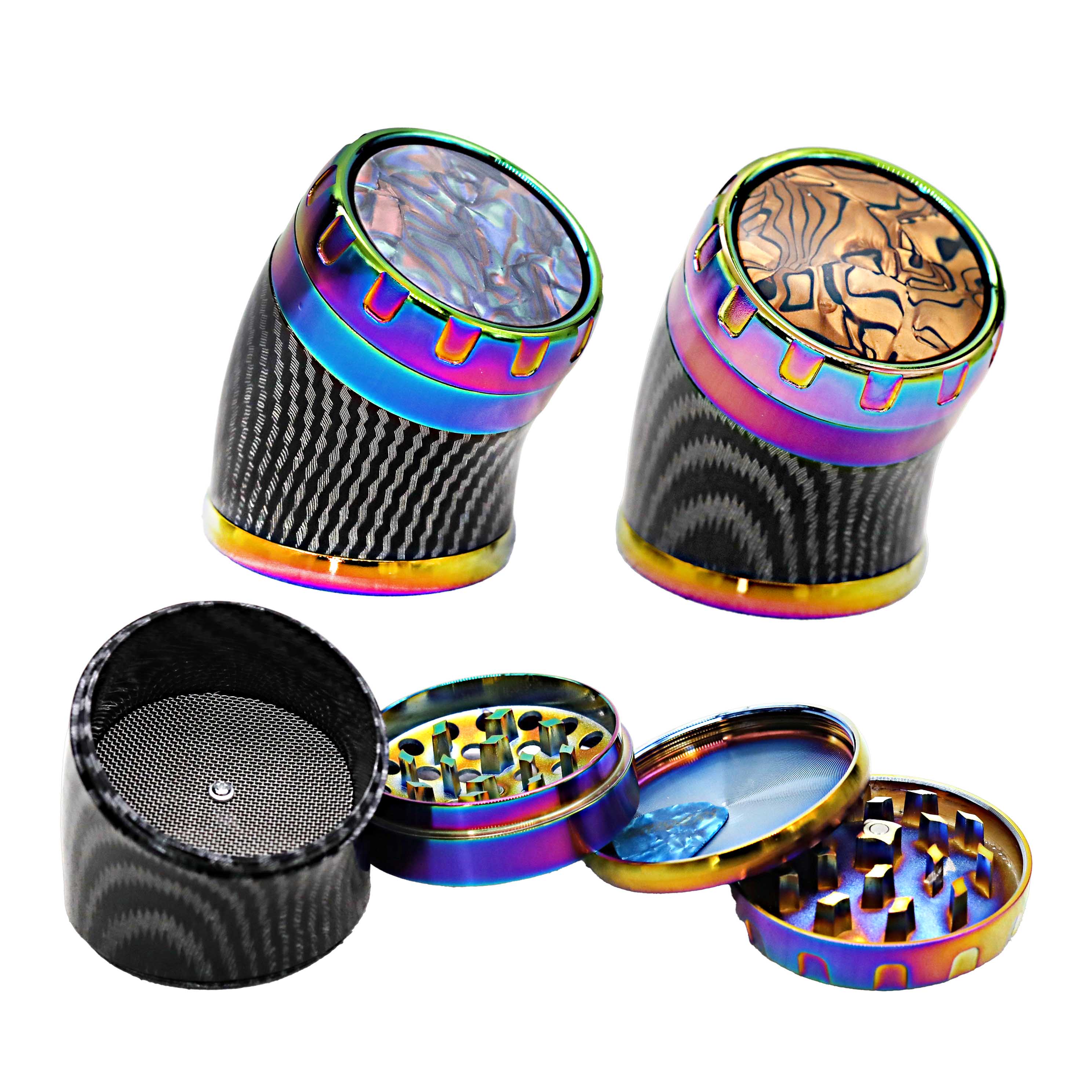Crushers Bent Shaped Rainbow Shaded Spinning Top 4 Part Grinder (GR420) | 55mm | Assorted Colors product image