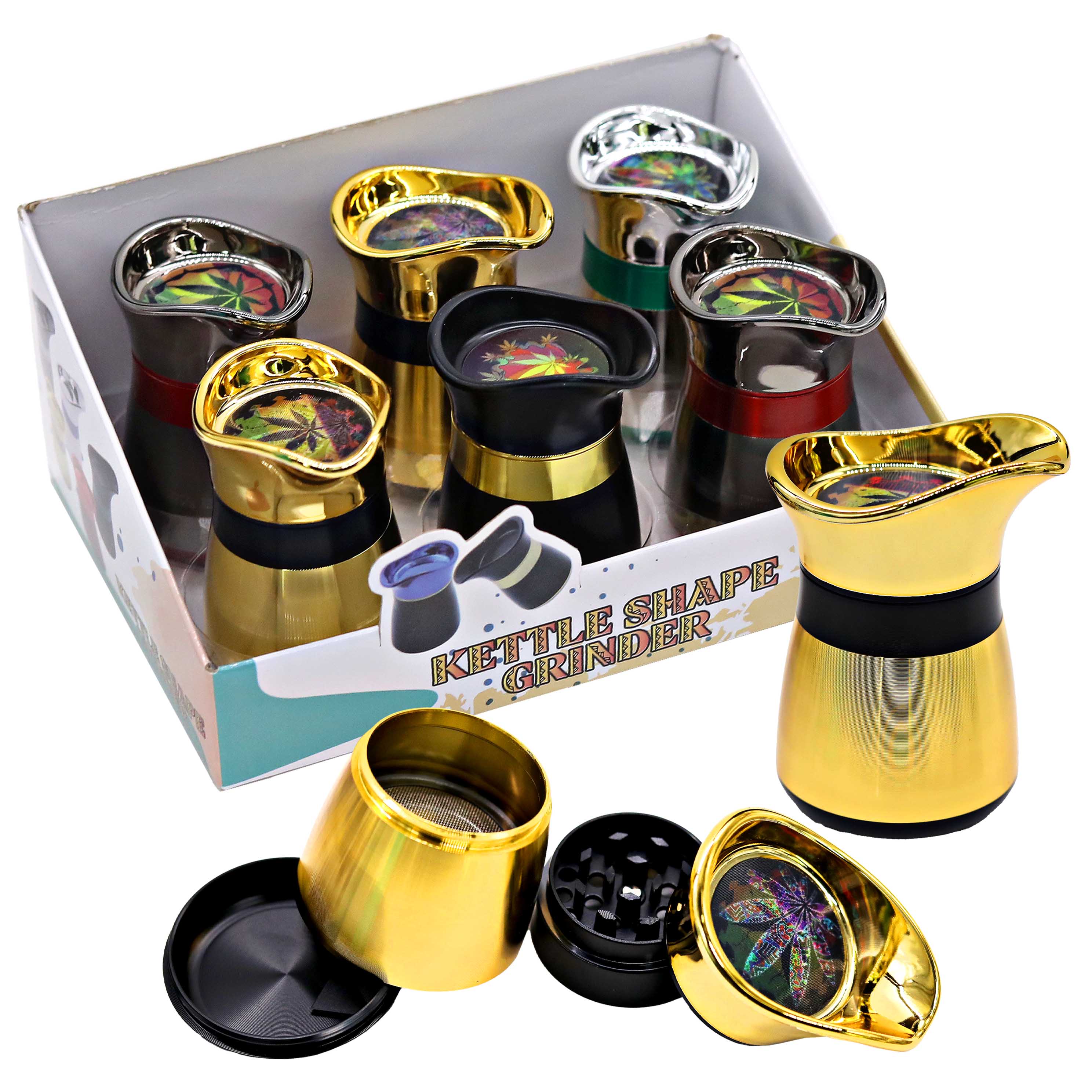 Crushers Metallic Shaded Kettle Shaped Leaf Top 3 Part Grinder | Small | (GR7015) | Assorted Colors product image