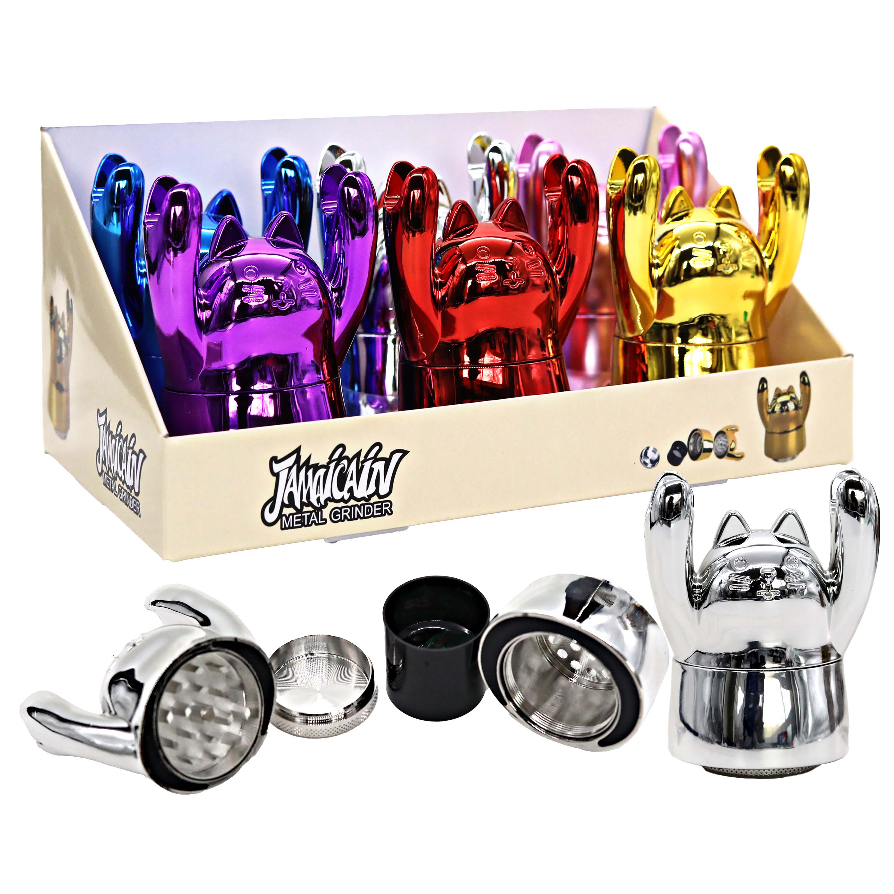 Crushers Jamaican Happy Cat 2 Part Chrome Plated Plastic Grinder (GR9023) | 55mm | Assorted Colors product image