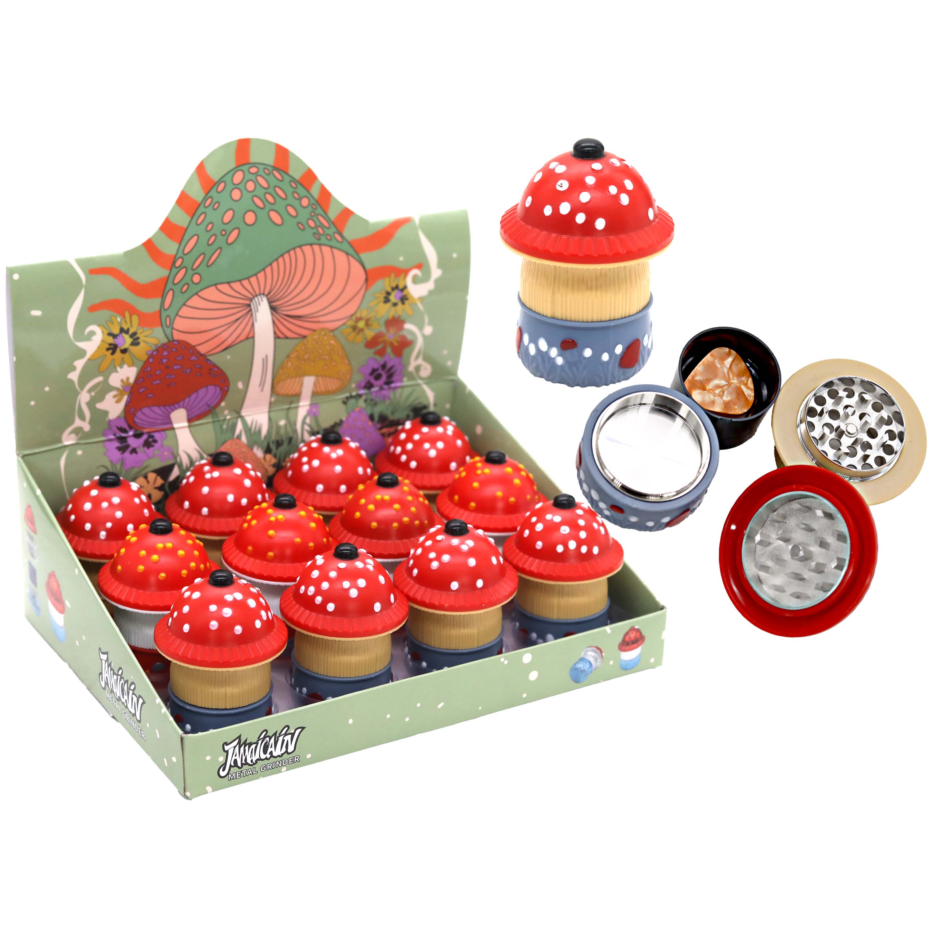 Crushers Polka Dot Mushroom 3 Part Plastic Grinder (GR9027) | 12 Count Display | Assorted Colors product image