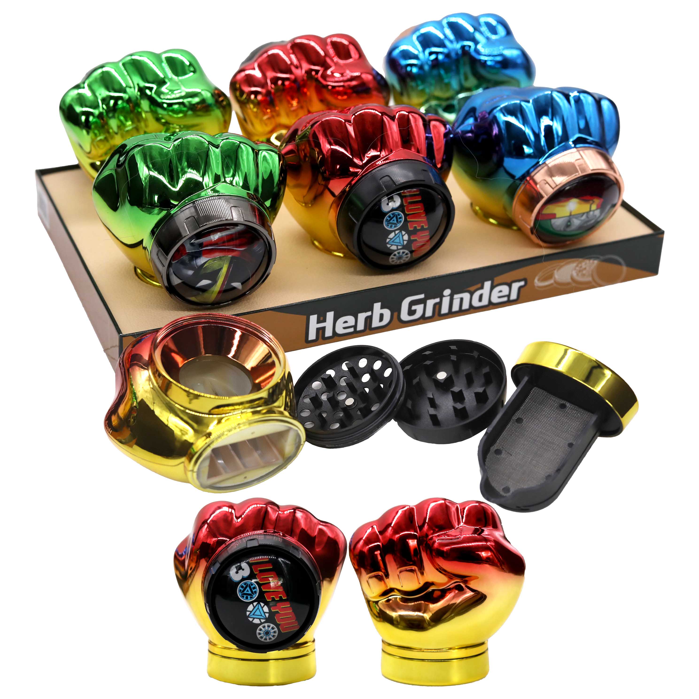 Hipster Metallic Double Shaded Fist With Spinning Mask Man Logo 2 Part Grinder (HU012) | Assorted Colors product image