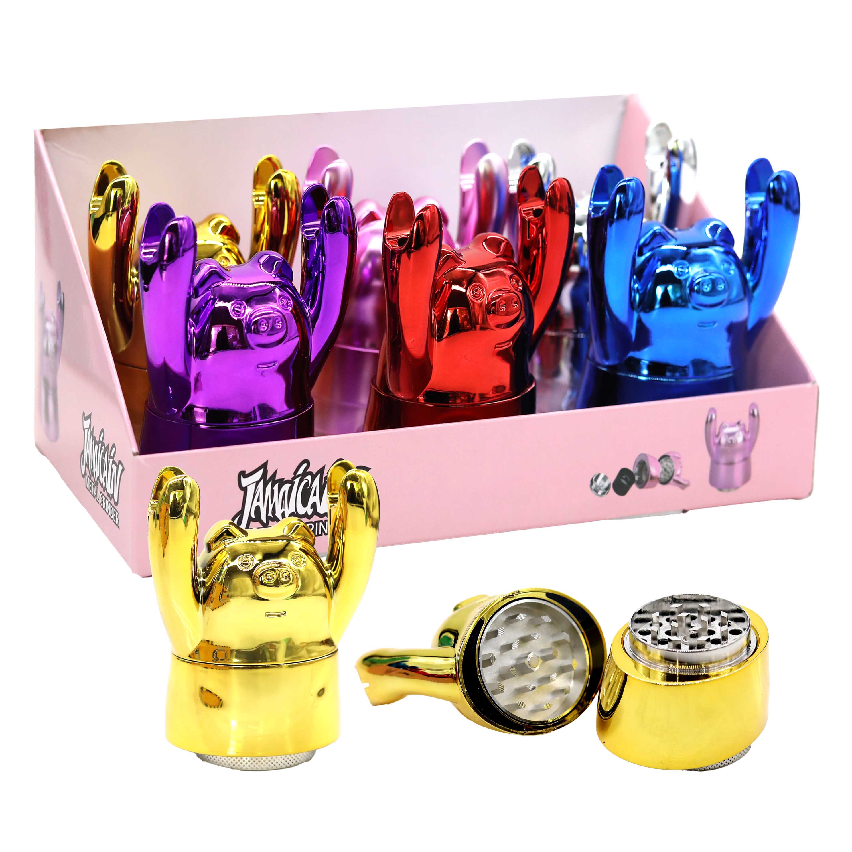 Jamaican Happy Piggy 2 Part Chrome Plated Plastic Grinder (HX304) | 55mm | Assorted Colors product image