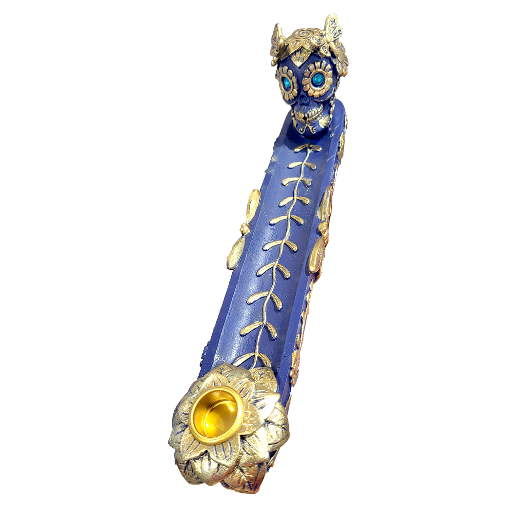 Fujima Golden Blue Skull & Butterfly Flat Incense Burner (IB212) | 11 inch product image