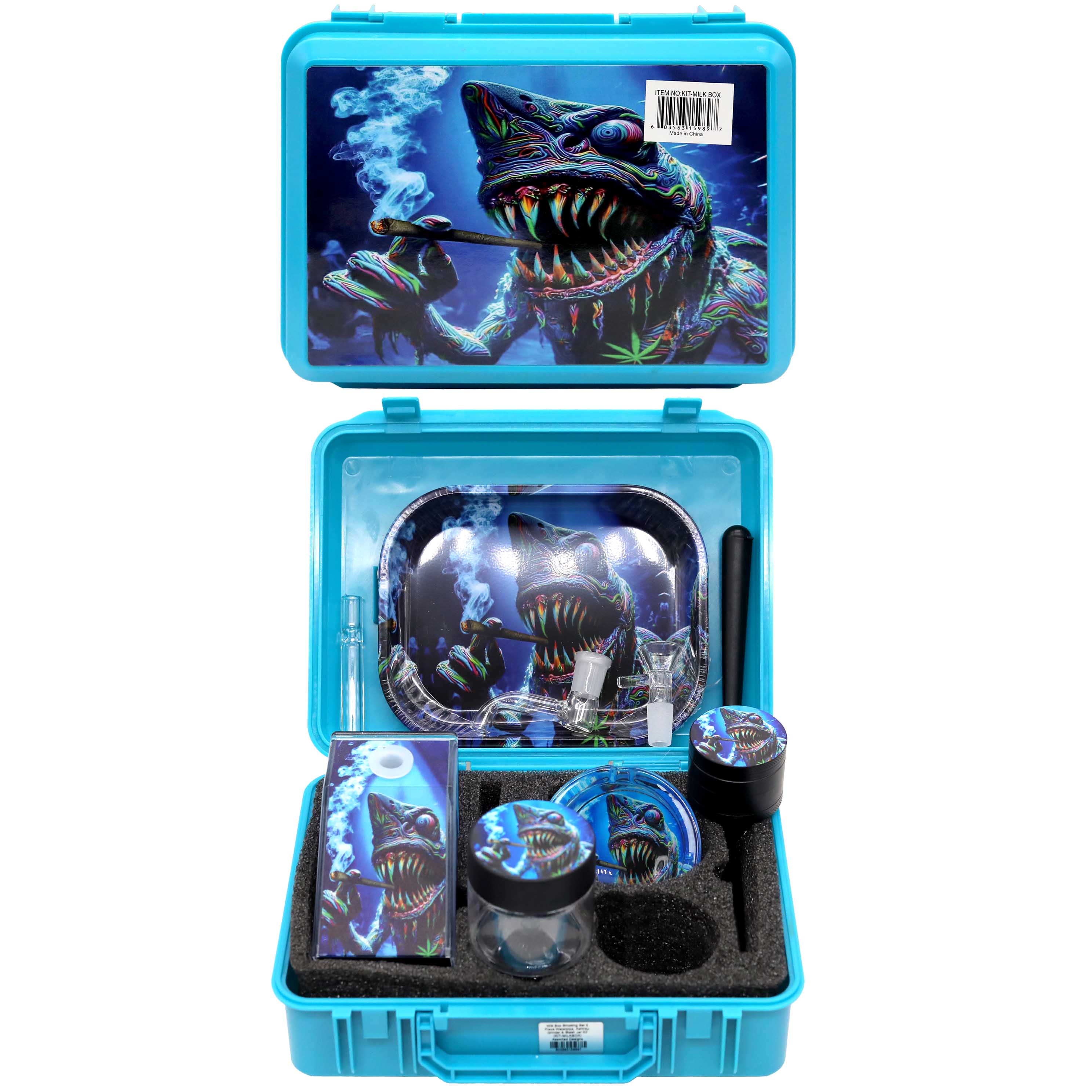 Milk Box Smoking Set 9 Piece Waterpipe, Ashtray, Grinder & Stash Jar Kit (KIT-MILKBOX) | Assorted Designs product image