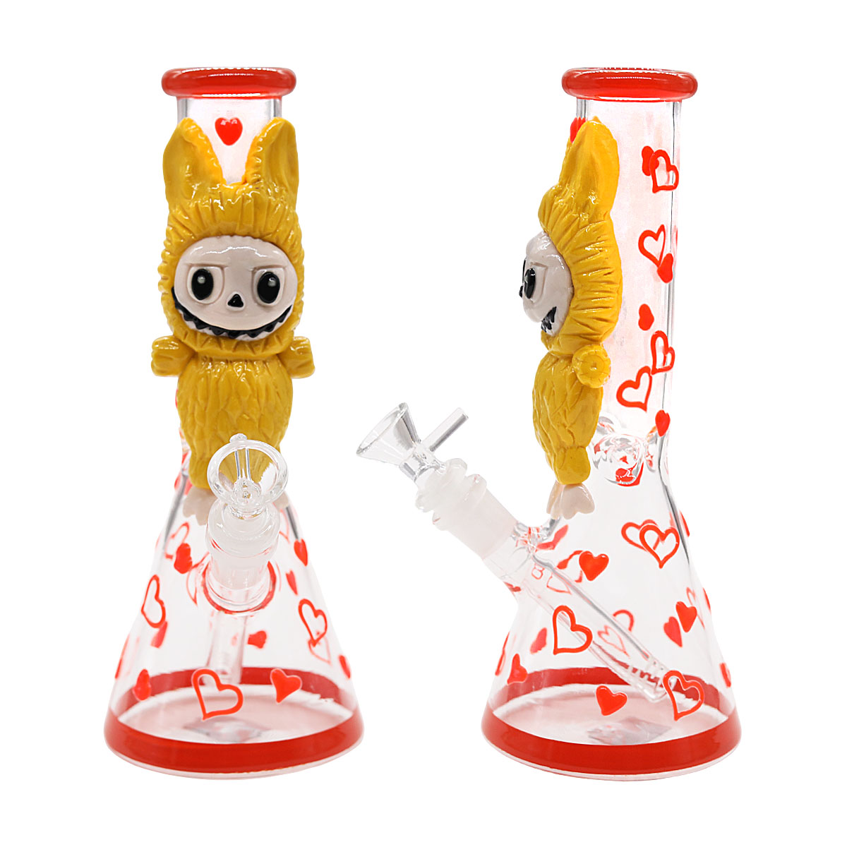 Labubu On All Over Glow In The Dark Hearts Beaker Waterpipe (AB30) | 10 inches | Assorted Colors product image