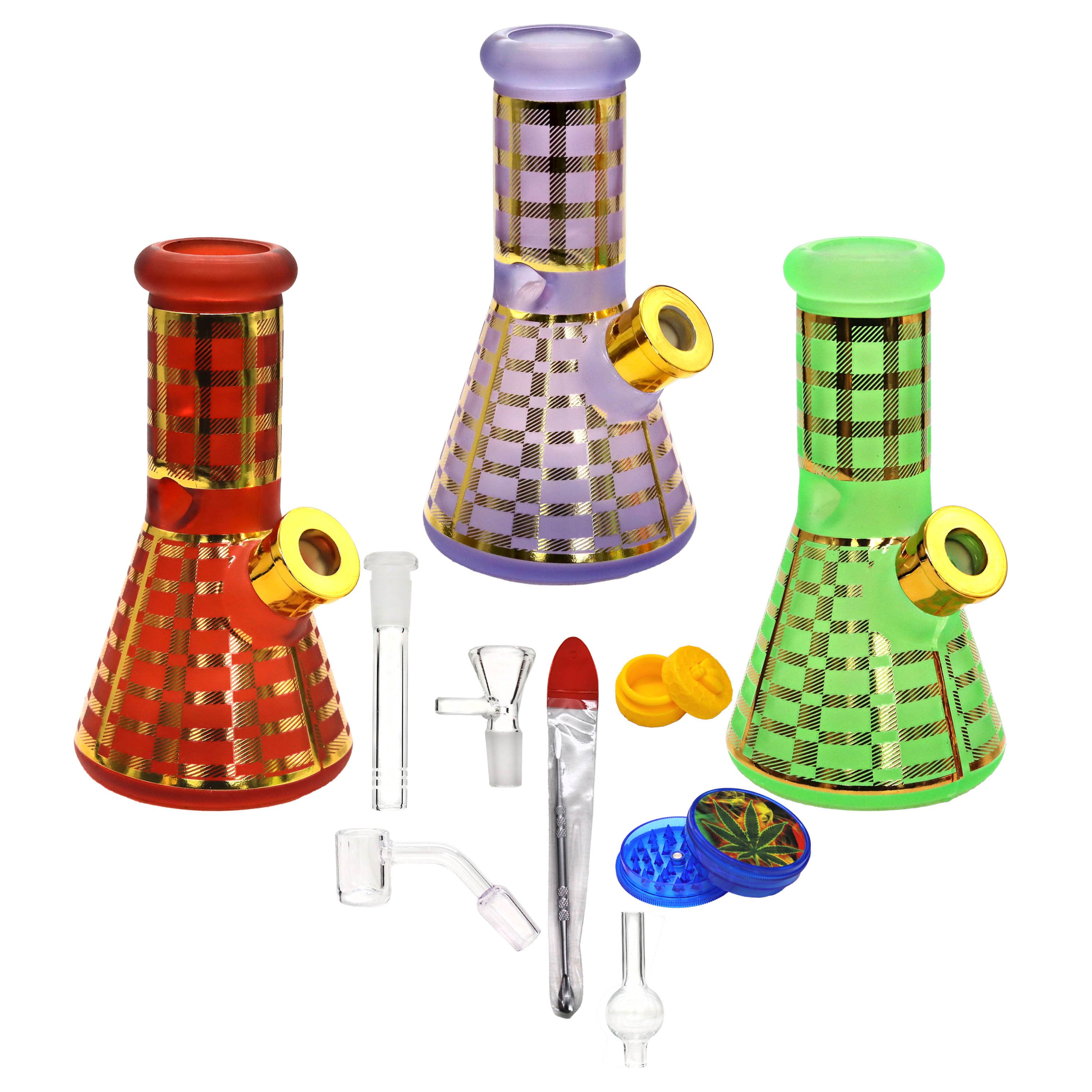 Cheech 9 Piece Matte Finish Gold Linings Beaker Waterpipe Set (M08009A) | Assorted Colors product image