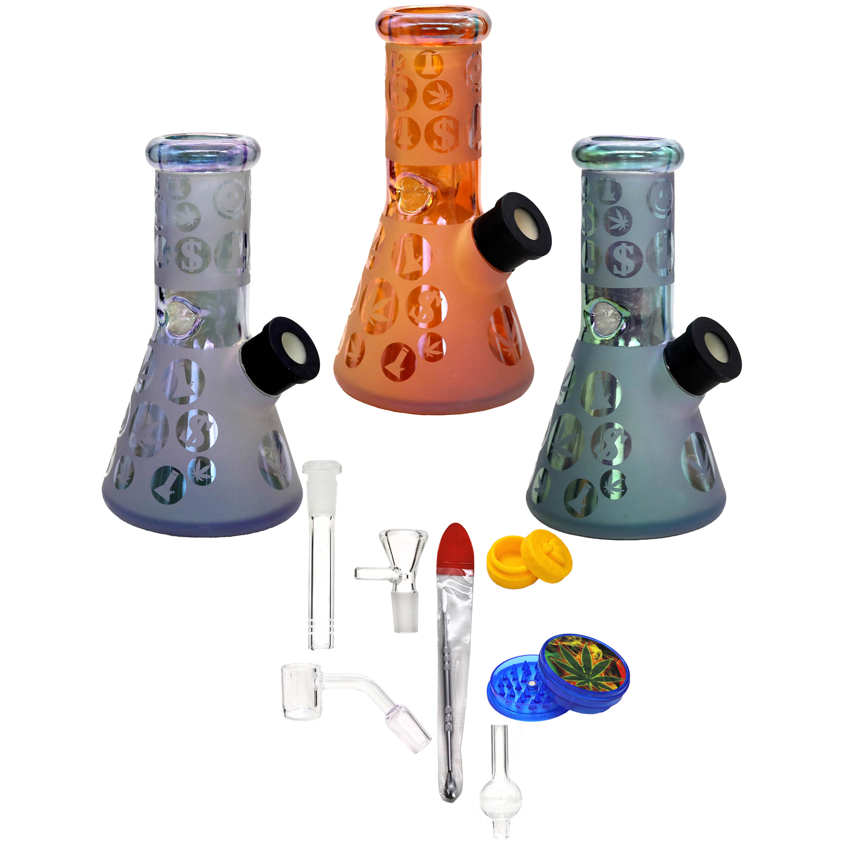 Cheech 9 Piece Gold Fumed Mixed Designs Beaker Waterpipe Set (M08034) | Assorted Colors product image