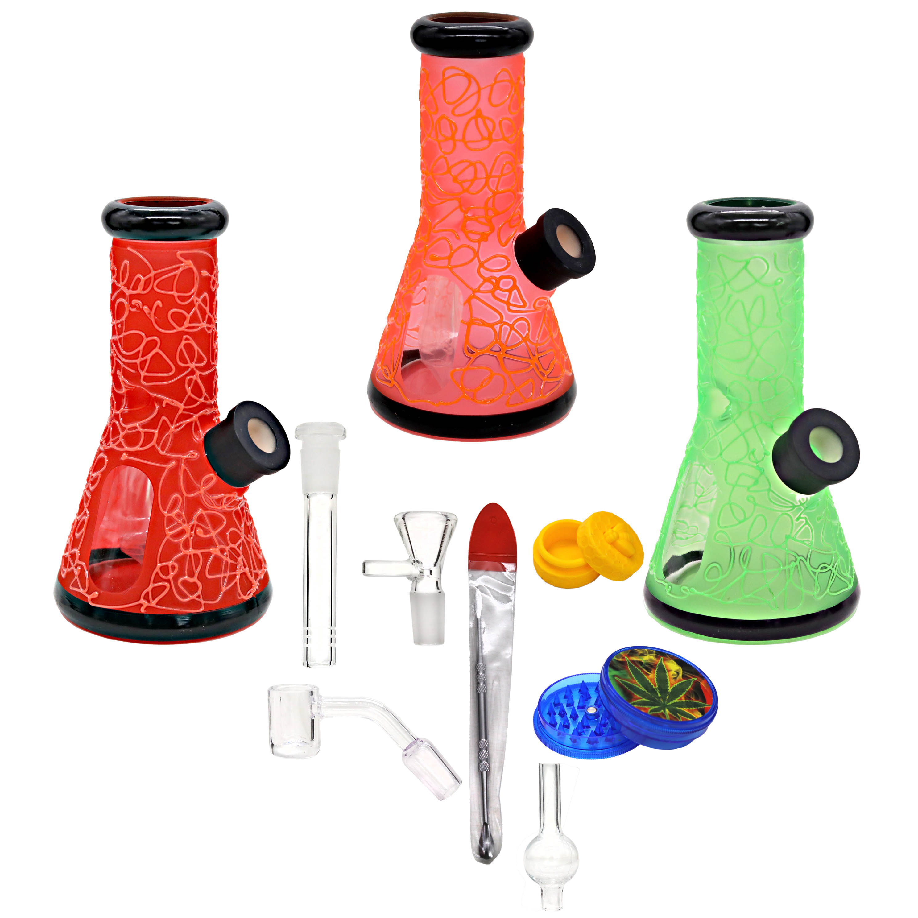 Cheech 9 Piece Matt Finish Free Hand Design Beaker Waterpipe Set (M08035A) | Assorted Colors product image