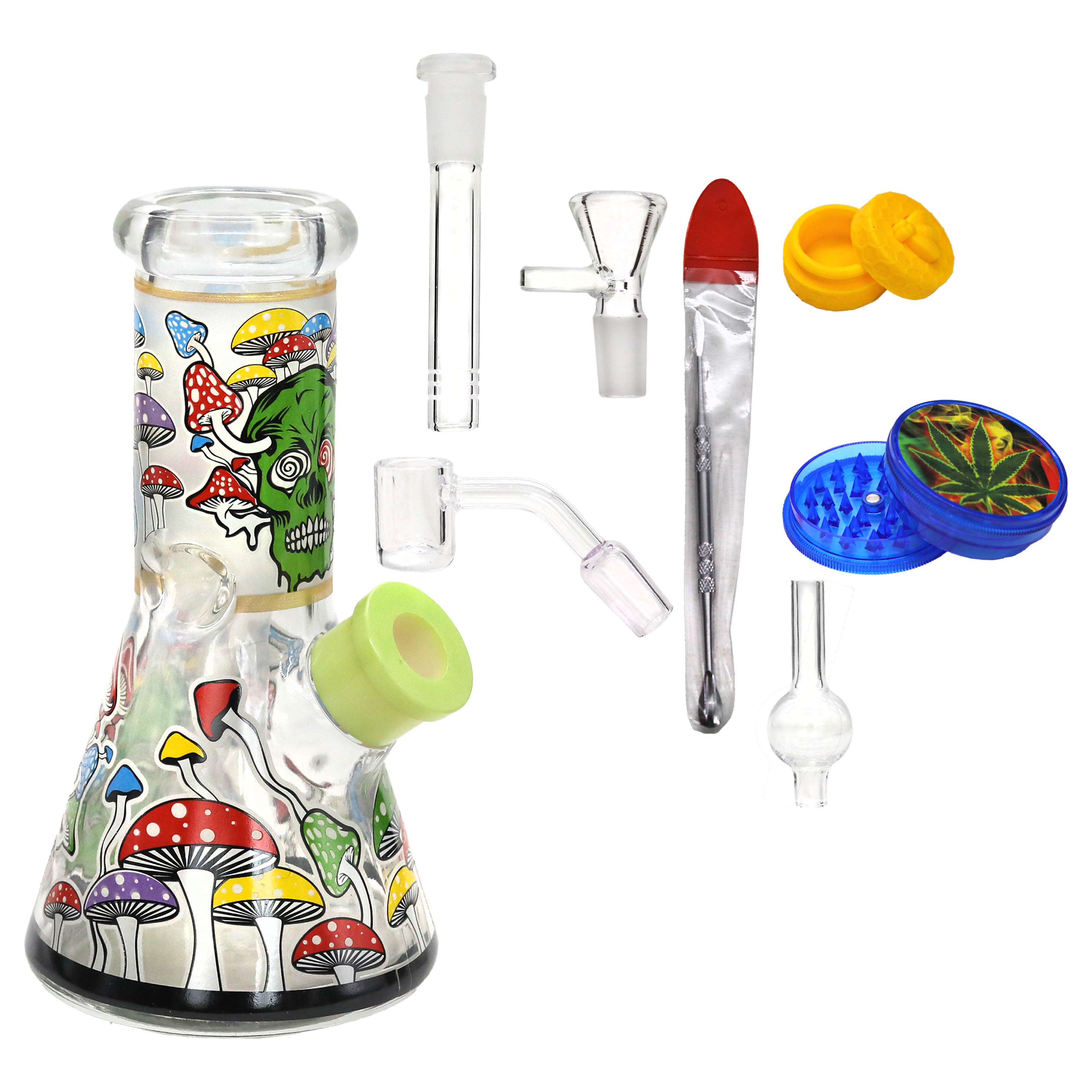 Cheech 9 Piece Mushroom With Skull Head Design Beaker Waterpipe Set (M08040) | Assorted Designs product image