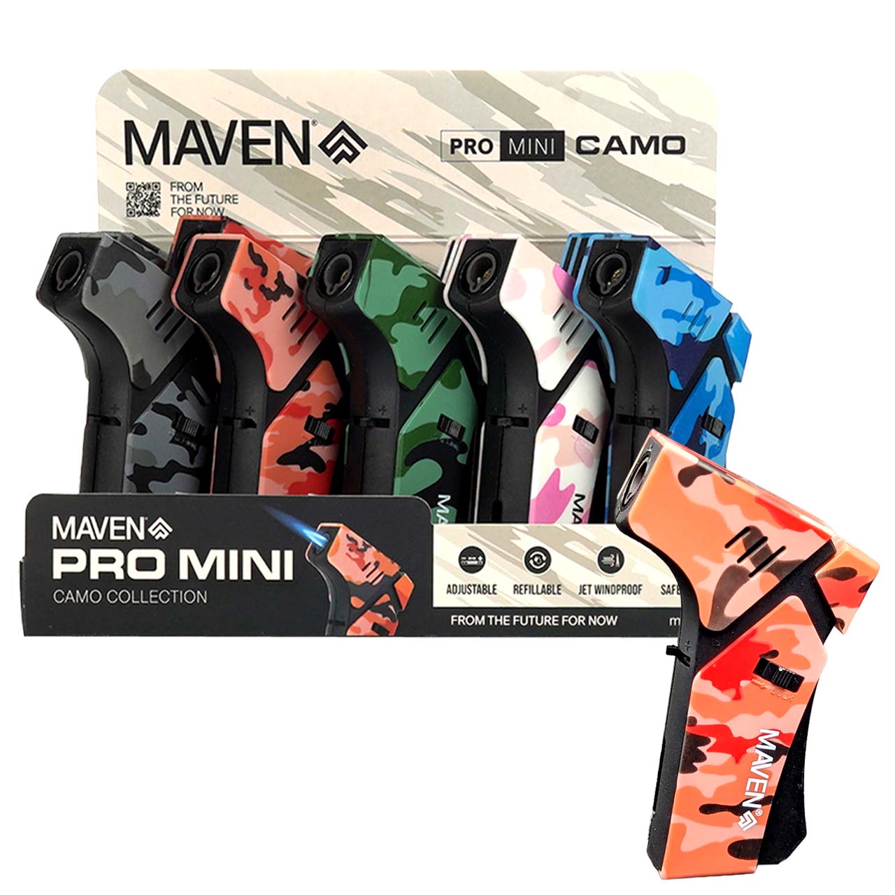 Maven PRO MINI Windproof Refillable Lighters (98-1171) | 15 Count Display | Assorted Colors | CAMO product image