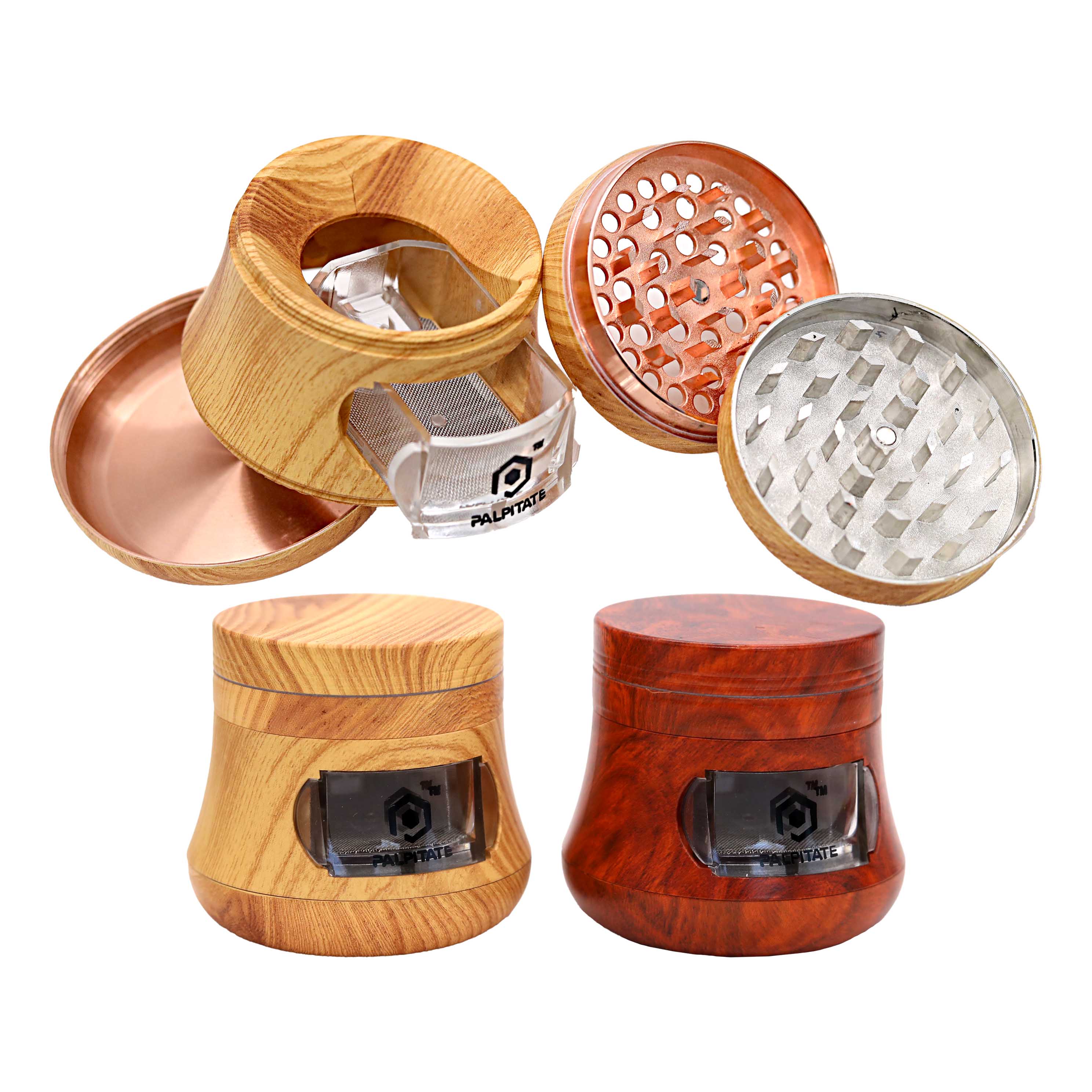 PALPITATE Large Bell Shaped Wooden Finish 4 Part Grinder with Pop-out Tray (MG-057) | 55mm | Assorted Colors product image