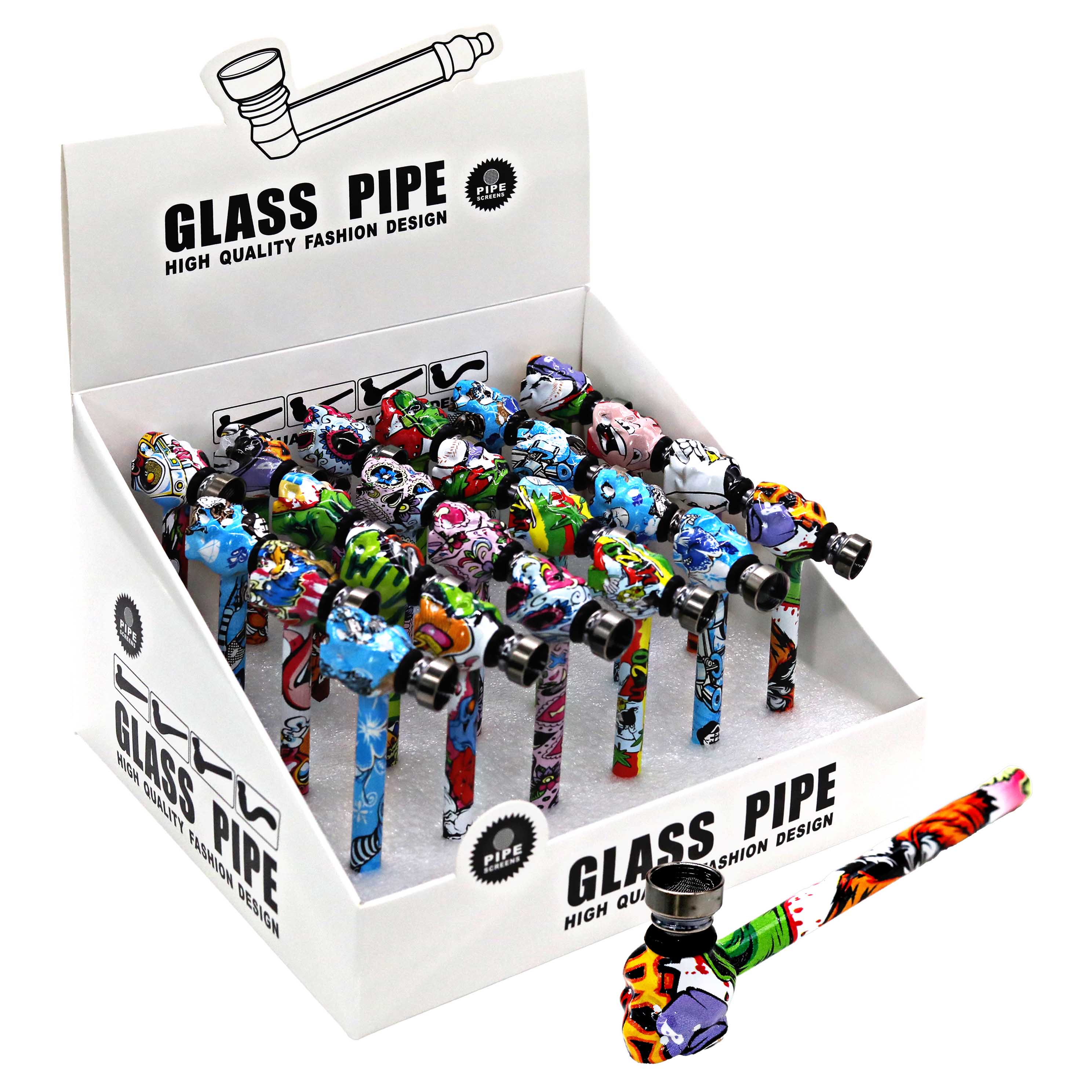 Mixed Character Glass Pipe With Screen (MTP800) | 24 Count Display product image