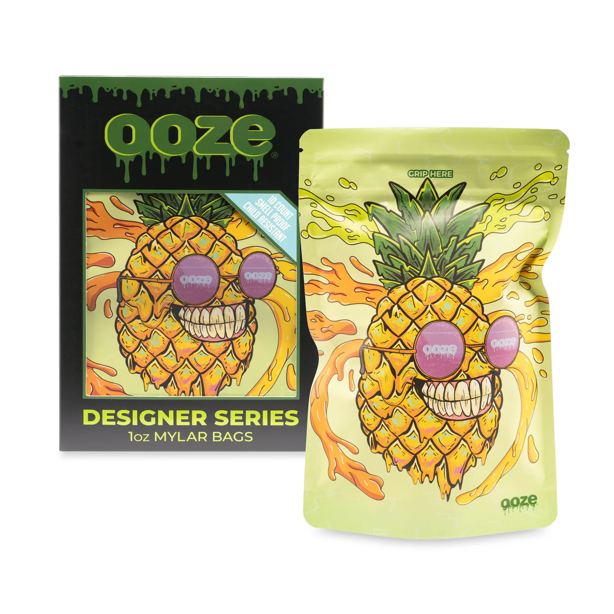 Ooze Mr.Pineapple Designer Series Smell Proof Mylar Bags | 1/8oz | 10 Pack | 12 Count Display | Assorted Designs product image