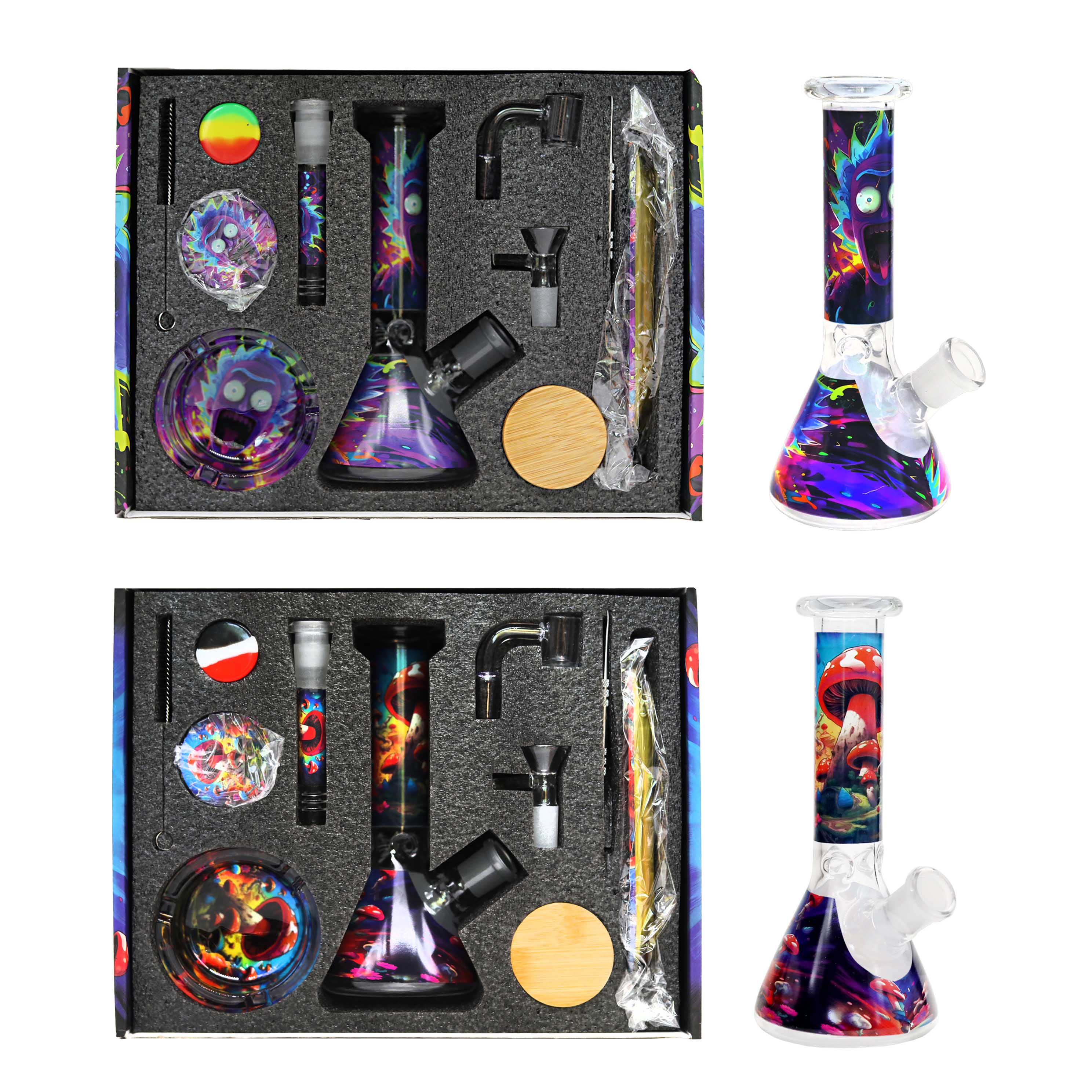 Mixed Designs 8 Piece Waterpipe Set With Glass Ashtray, Banger, Grinder (OT5533) | 8 inch product image