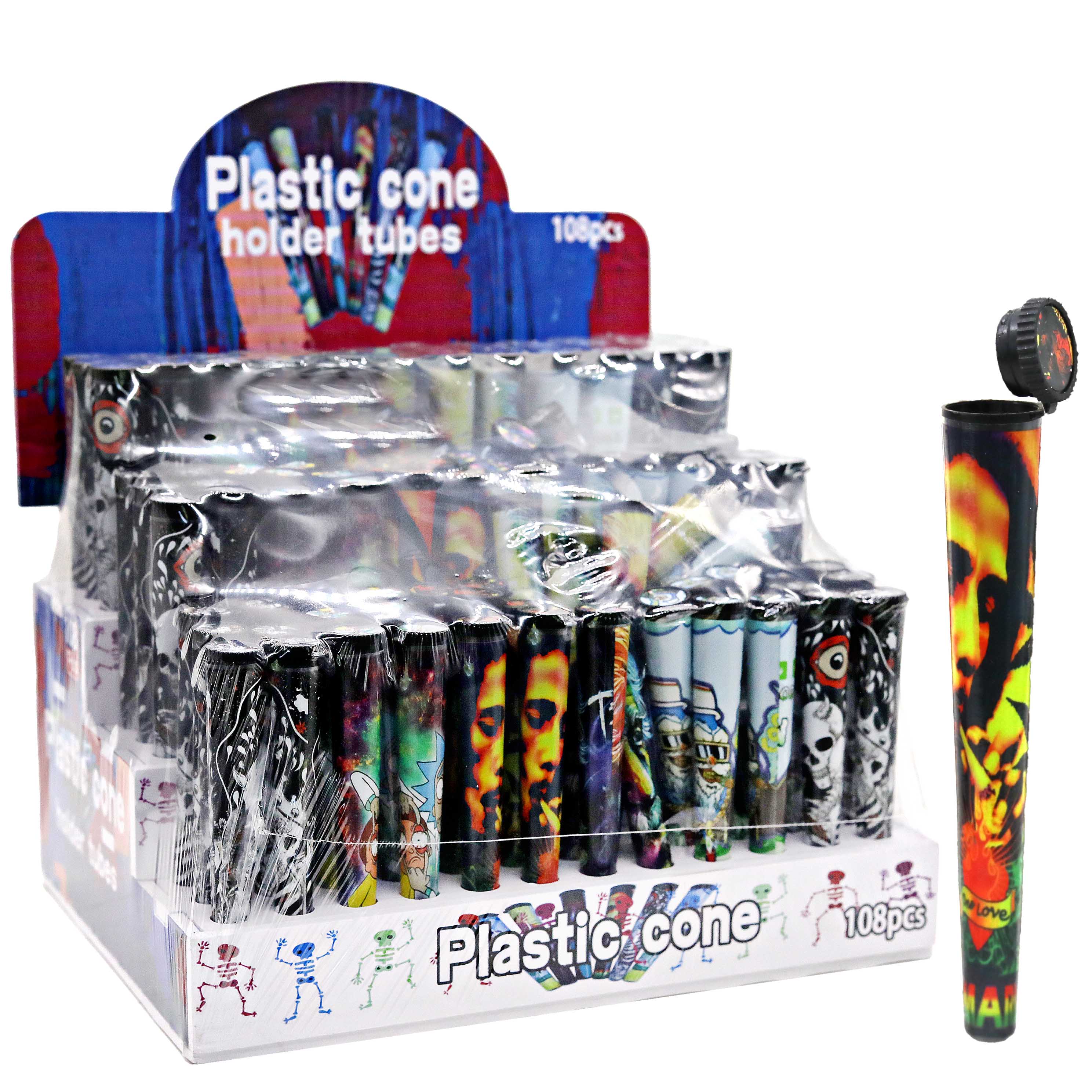 Plastic Pre roll Cone Holder Tubes | 108 Count Display | Assorted Designs - image 1 of 2