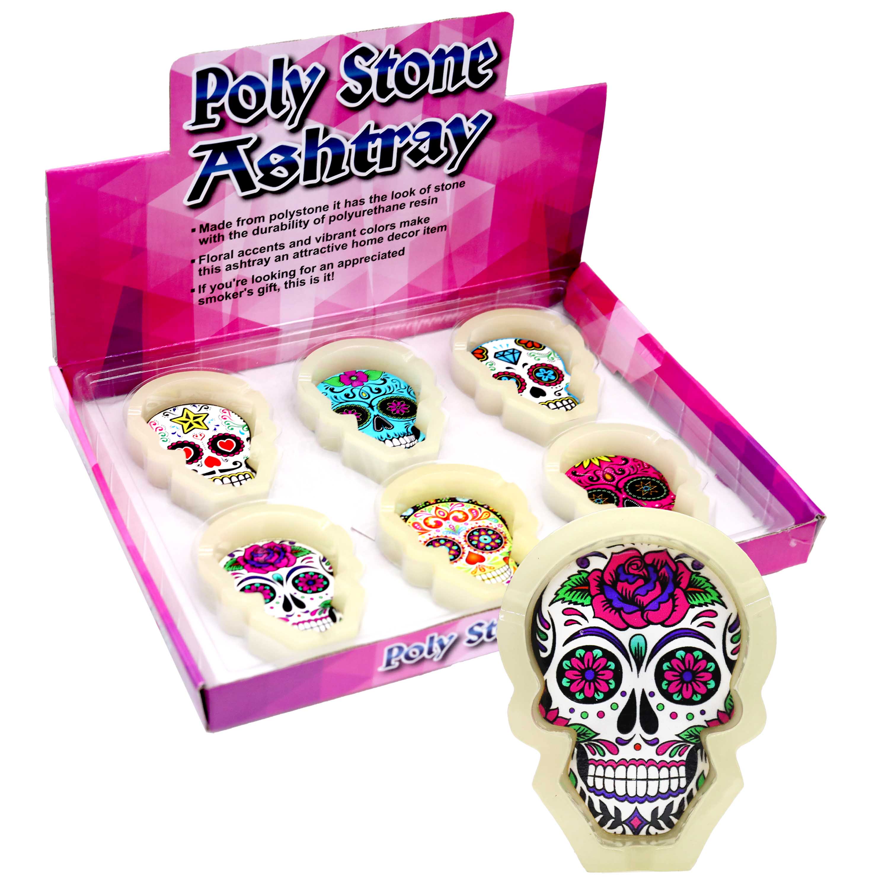 Skull Head Shaped Polystone Ashtray ( XH6220B) | 6 Count Display | Assorted Designs product image