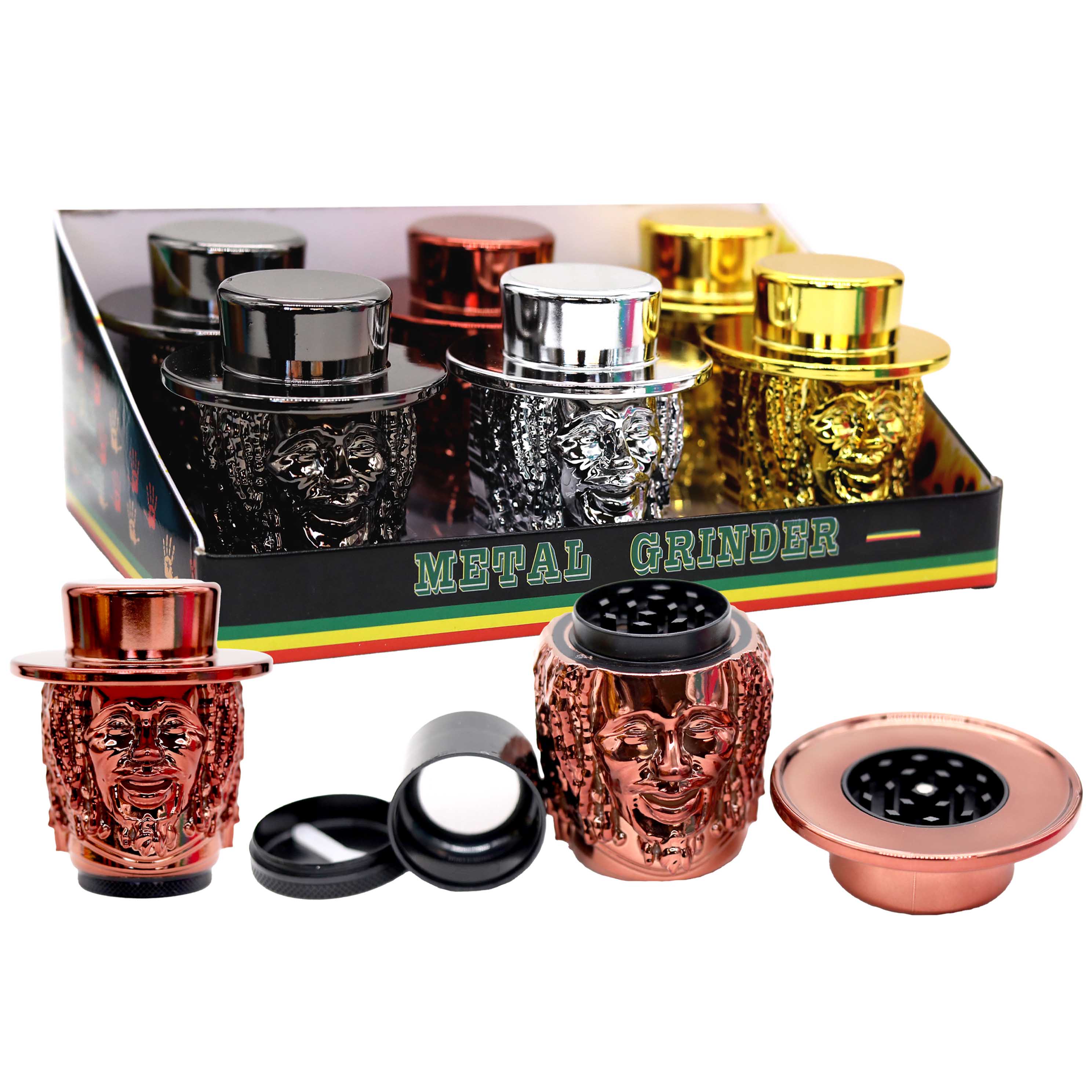 Metallic Plating Rasta Face With Jamaican Hat 2 Part Plastic Grinder (HX306D) | Assorted Colors product image