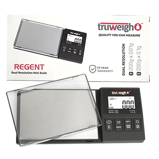 Truweigh REGENT Dual Resolution Mini Digital Scale | R-1 200gx0.01g R-2 250gx0.1g | Black product image
