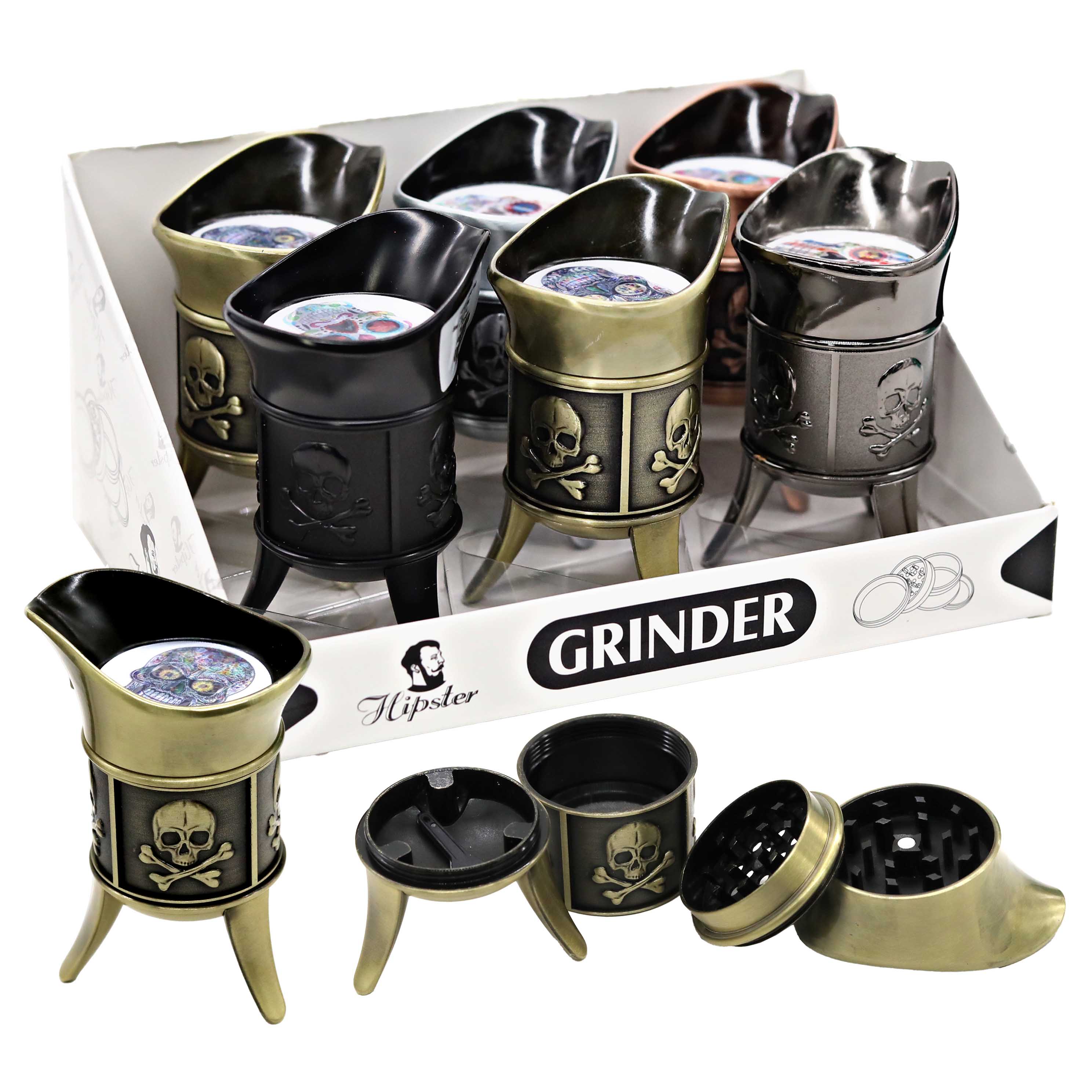 Hipster Metallic Skull Top Pour Spout Hat 4 Part Grinder (SW2276-4) | Assorted Colors product image