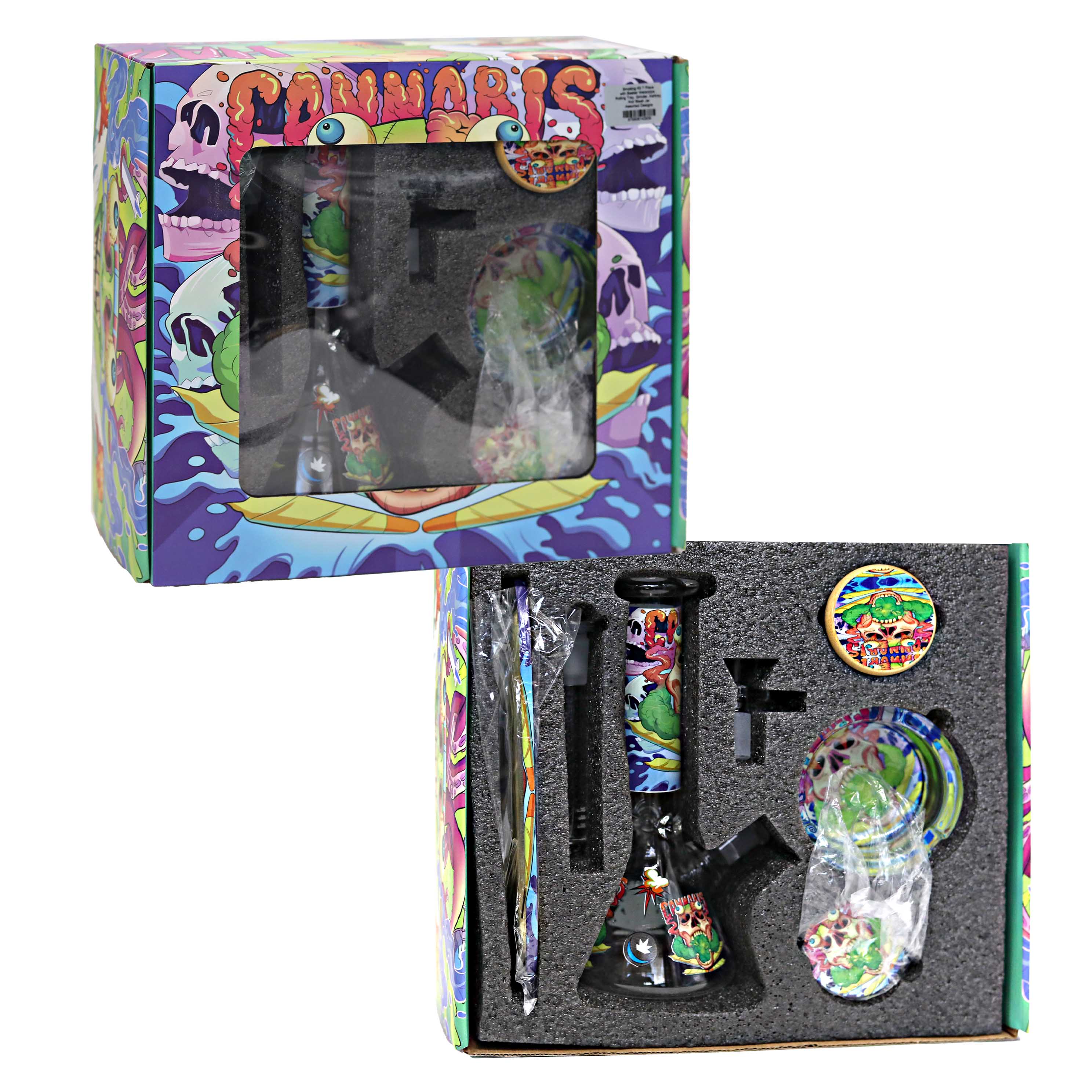 Smoking Kit 7 Piece with Beaker Waterpipe , Rolling Tray, Grinder, Ashtray, And Stash Jar | Assorted Designs product image
