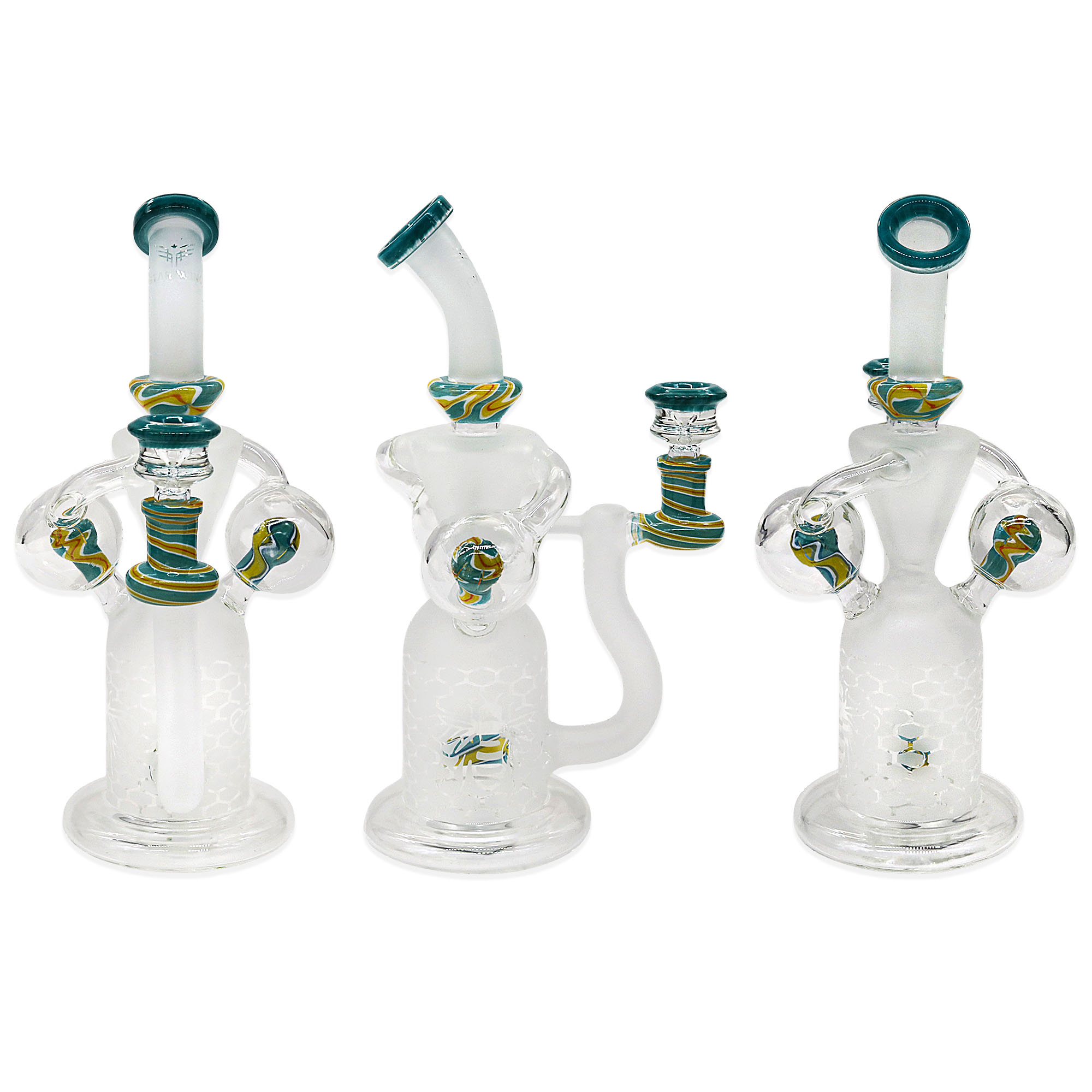 Star Wings Frosted Honeycomb Dome Shaped Dual Ball Perc Bent Neck Recycler Waterpipe (WP8027) | 10 inches | Assorted Colors product image