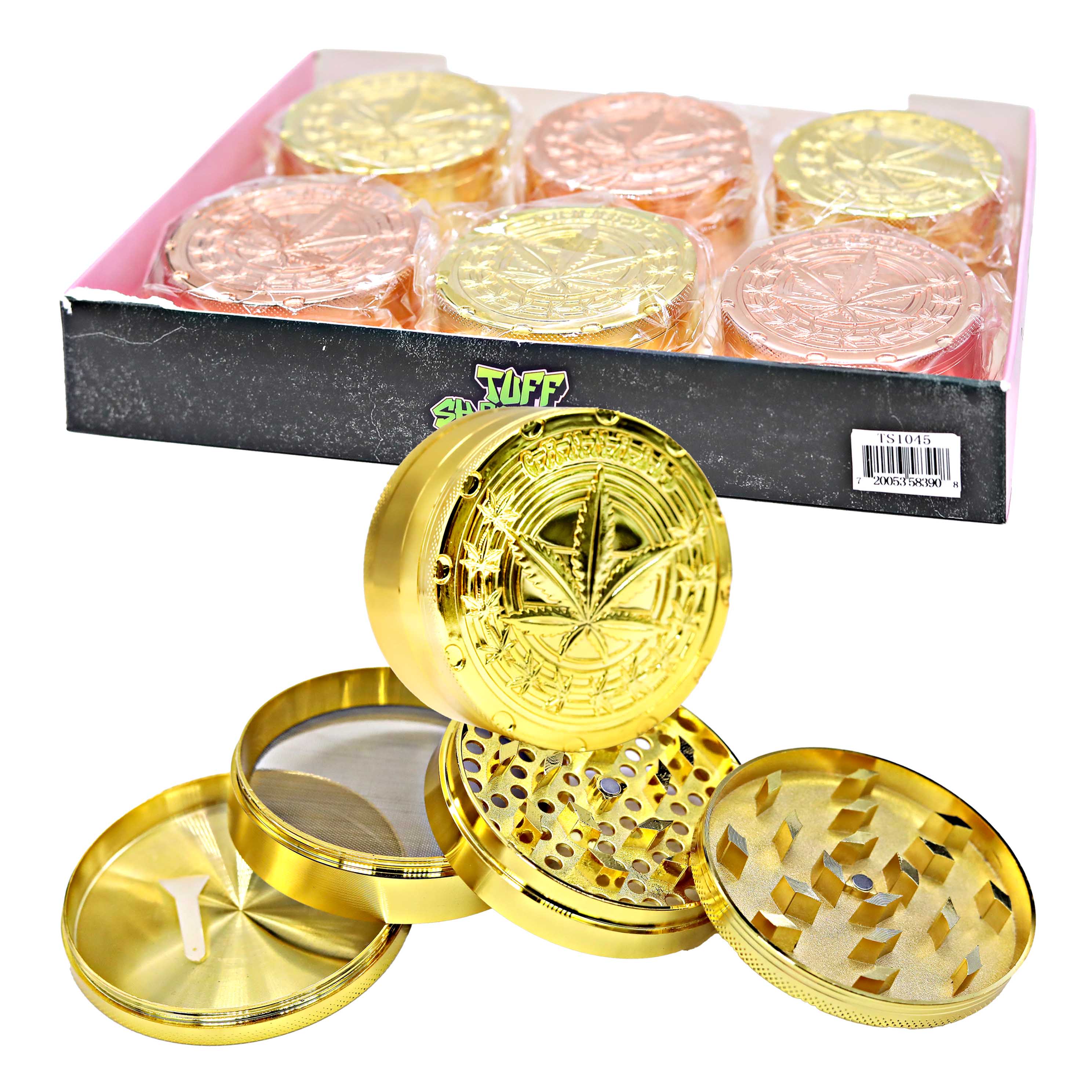 Tuff Shredder Cannabis Leaf Design Metallic 4 Part Grinder (TS1045) | 75mm | Assorted Colors product image
