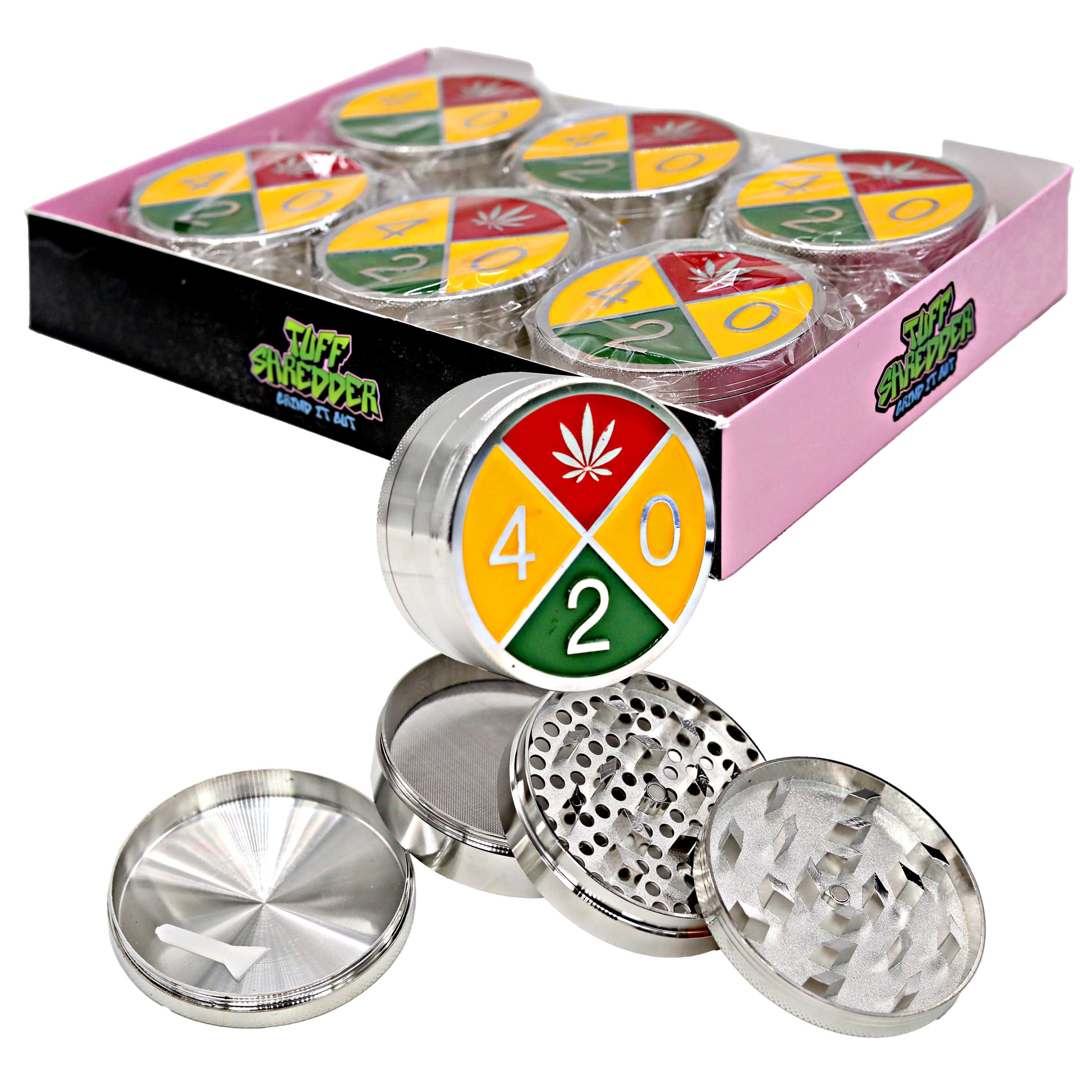 Tuff Shredder Rasta Color 420 With Leaf Design Metallic 4 Part Grinder (TS1047) | 75mm product image