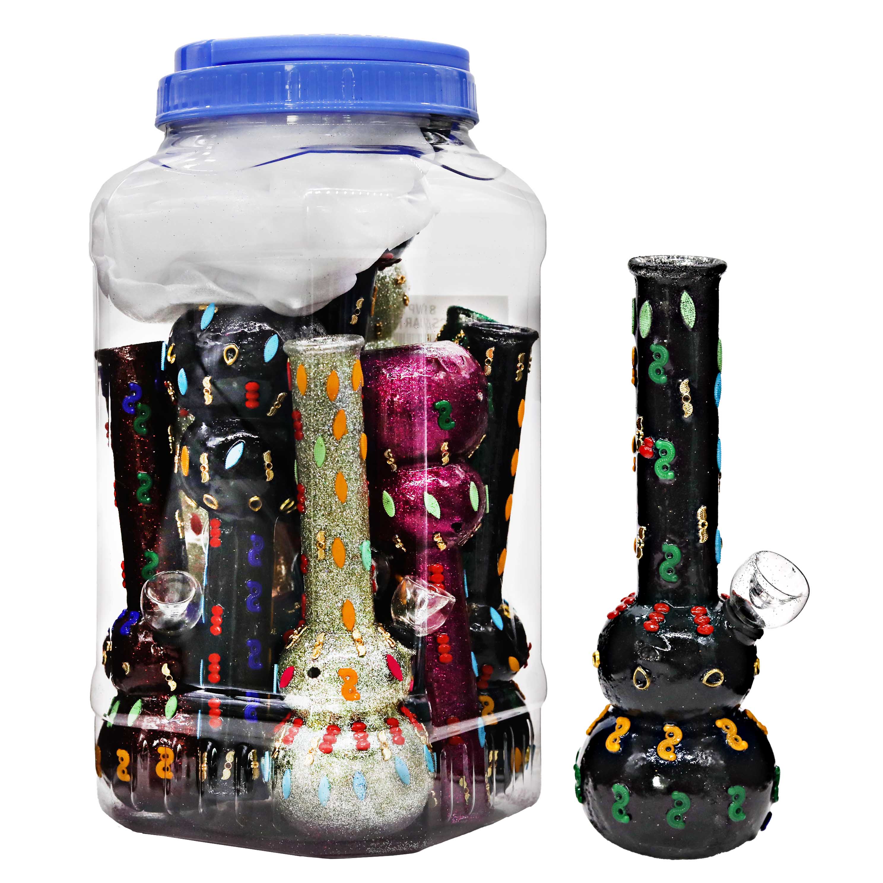 Sparkled Base Jewel Studded Mixed Designs Double Ball Shaped Waterpipe (WP136) | 8 inch | 10 Count Display - image 2 of 2