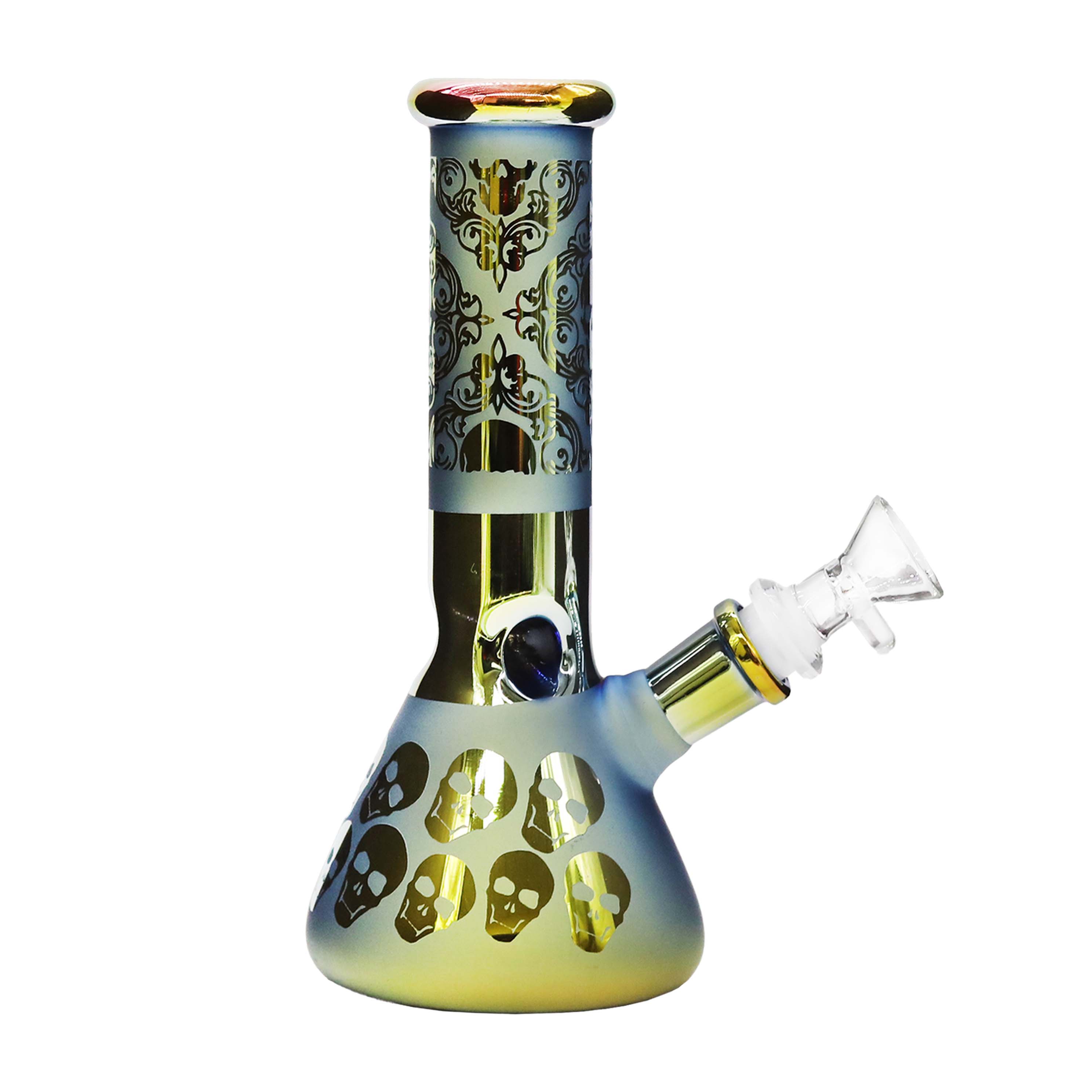 Frosted Look Gold Fumed Etched Designs Mini Beaker Waterpipe (WPM0021) | 8 inches | 6 Count Display product image