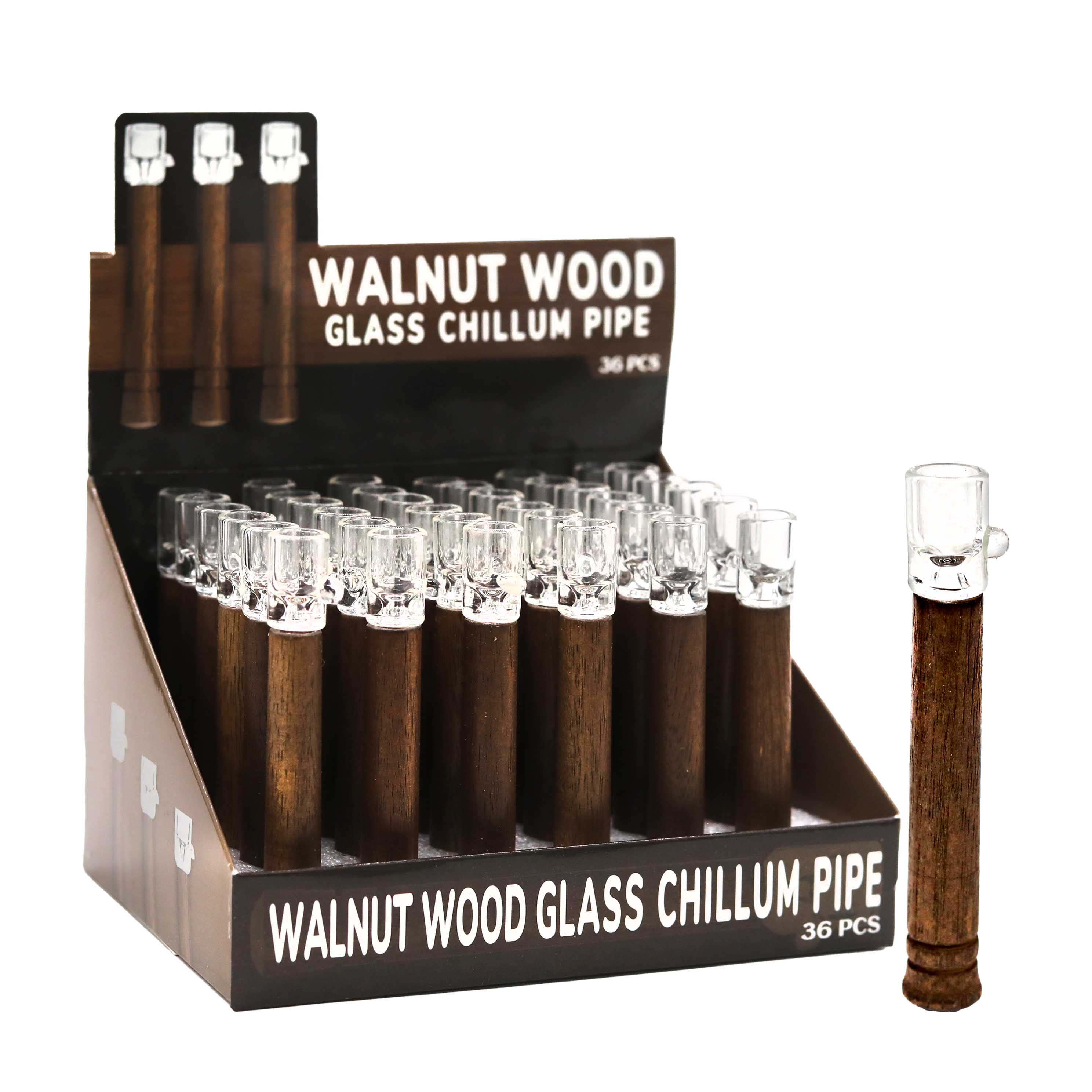 Walnut Wood Base With Glass Head Chillum Pipe (CHD35) | 4 inch | 36 Count Display product image