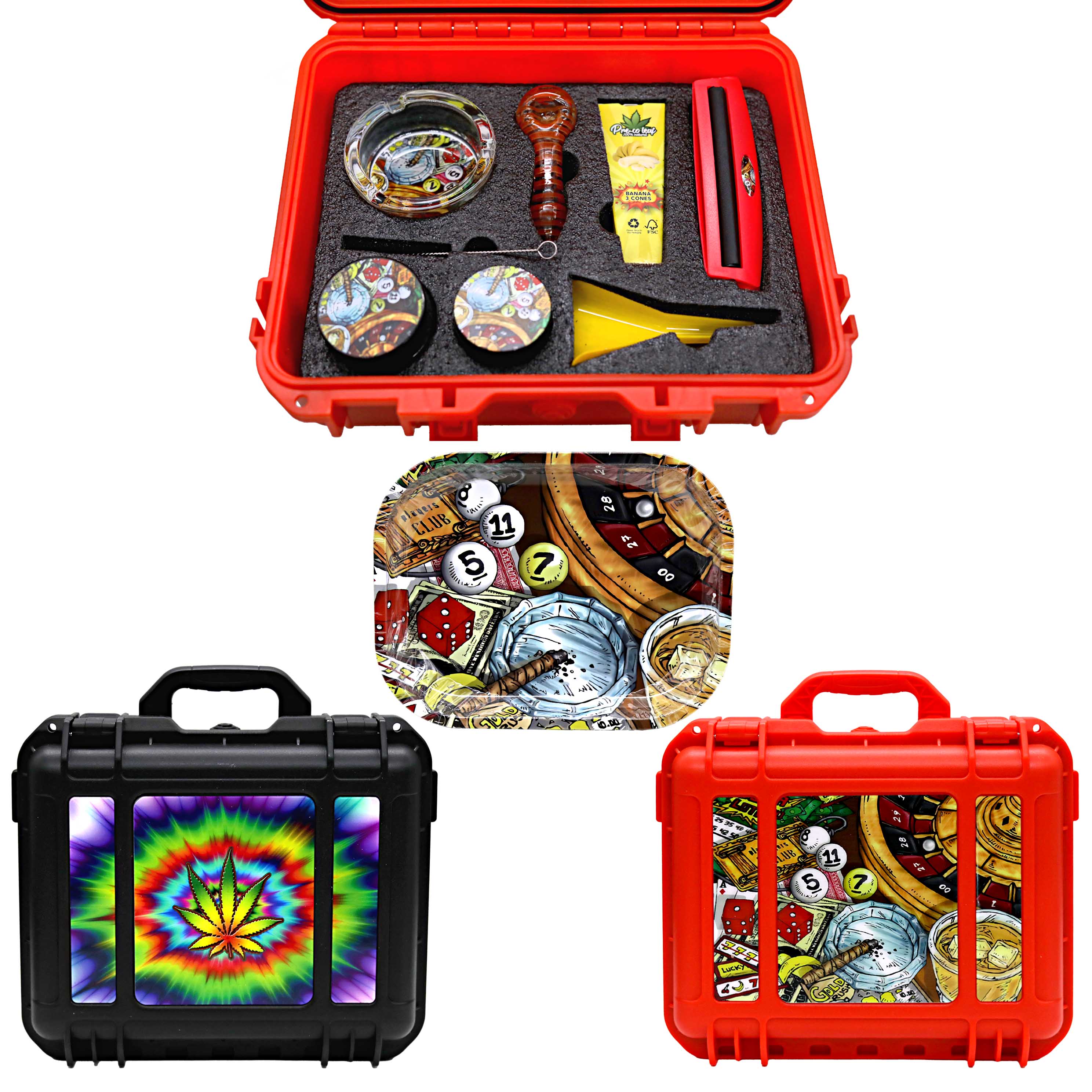 Water Resistant Smoking Kit 9 Piece with Juice Box, Rolling Tray, Grinder, Ashtray, Jar and Metal Pipe | Assorted Designs product image