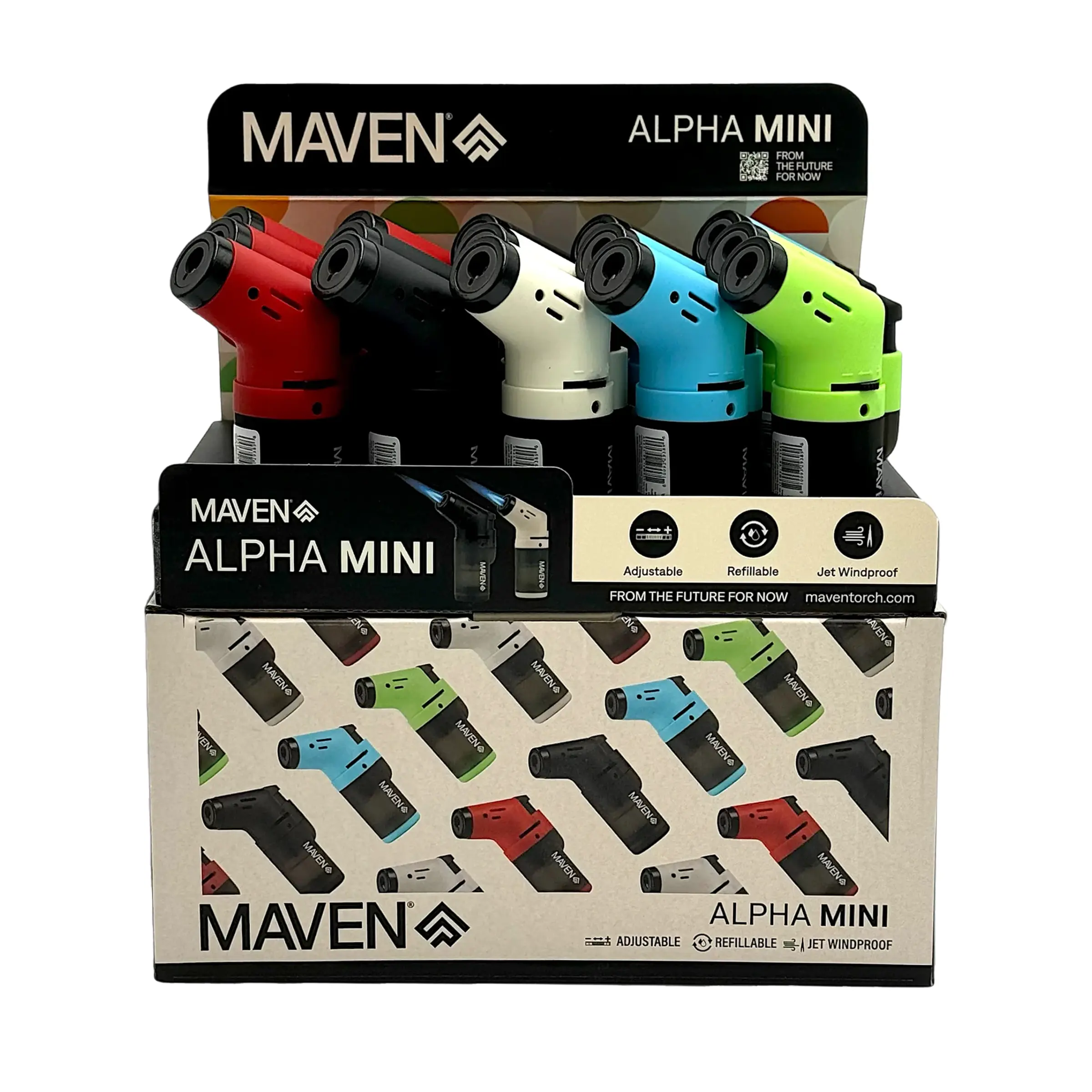 Maven ALPHA MINI Windproof Butane Refillable Lighters (98-1175) | 15 Count Display | Assorted Colors product image